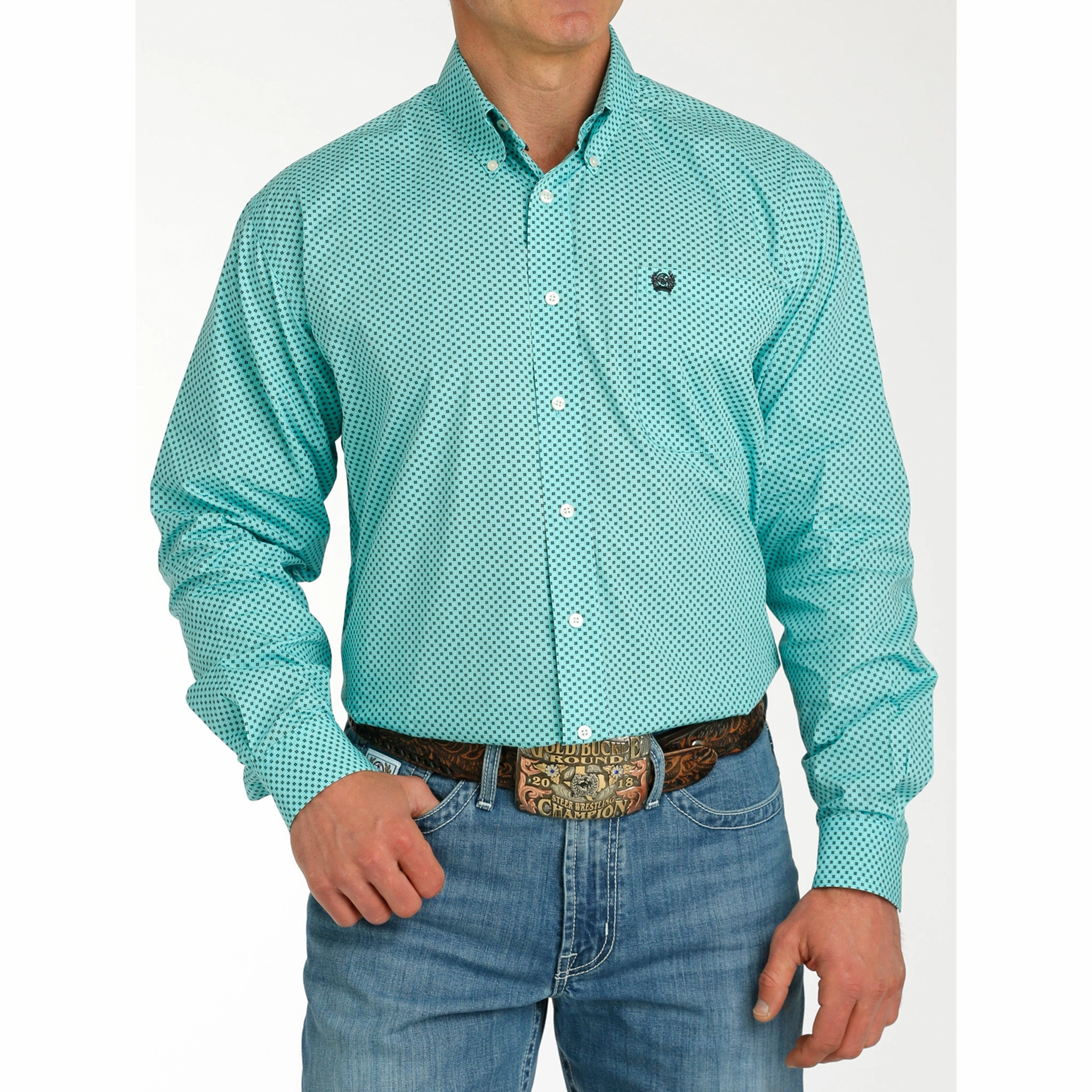 Cinch Men's Blue Printed Long Sleeve Shirt Button front Double Stitched Seams