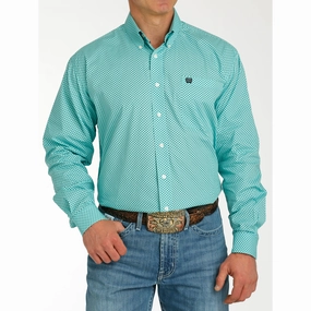 Cinch Men's Blue Printed Long Sleeve Shirt Button front Double Stitched Seams