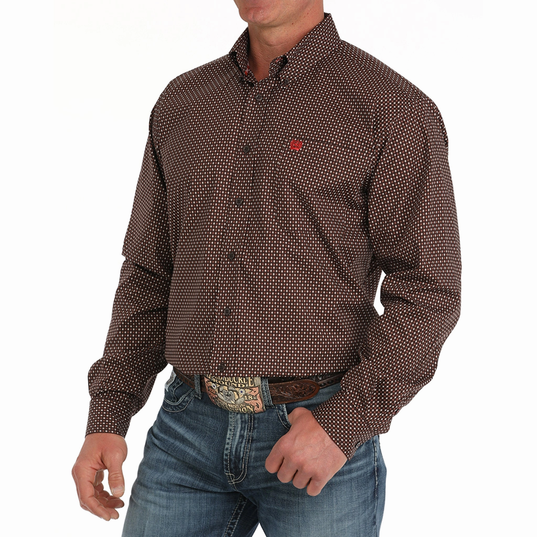Cinch Men's Brown & Red Geo Print Long Sleeve Friends Meetup