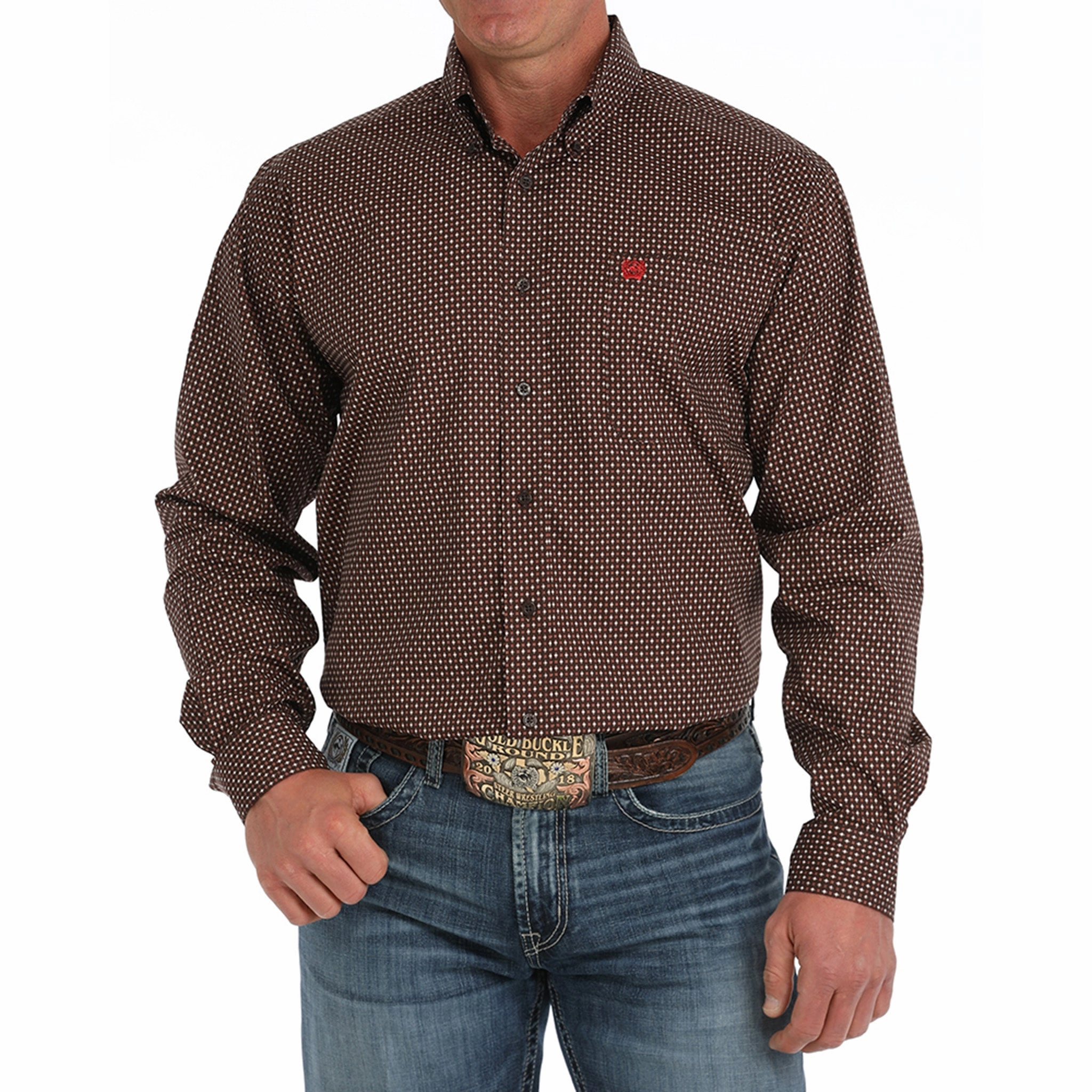 Cinch Men's Brown & Red Geo Print Long Sleeve Linen blend