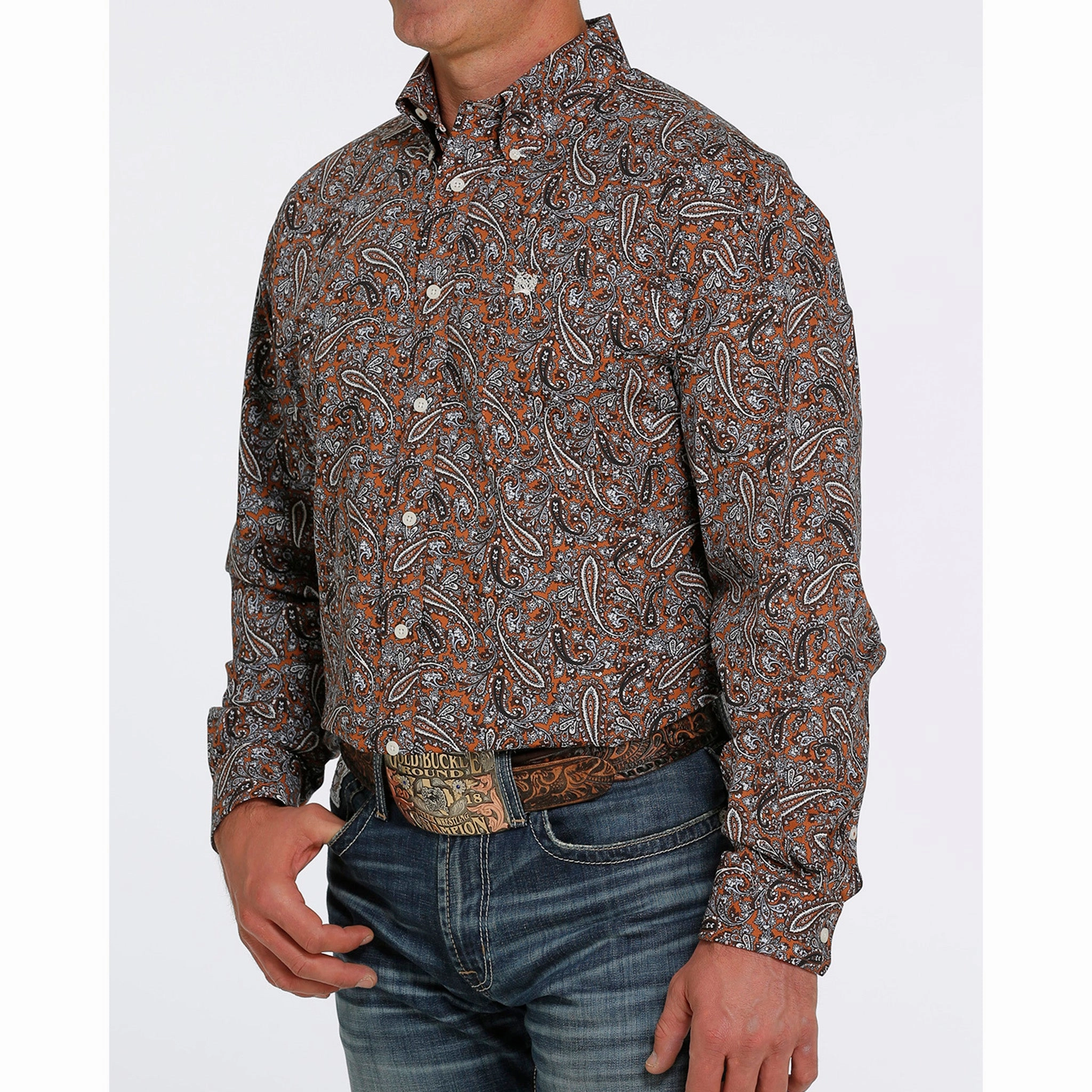 Smooth Zipper Design Street Wear Cinch Men's Brown/Blue Paisley Shirt