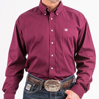 Cinch Men's Burgundy Solid Long Sleeve Shirt Wrinkle Free Care Simple Elegance