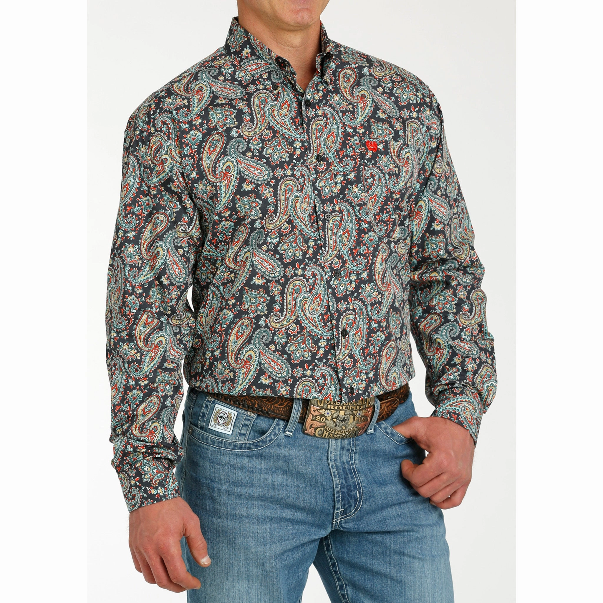 Cinch Men's Charcoal Paisley Long Sleeve Beach Wear Retro Vibe