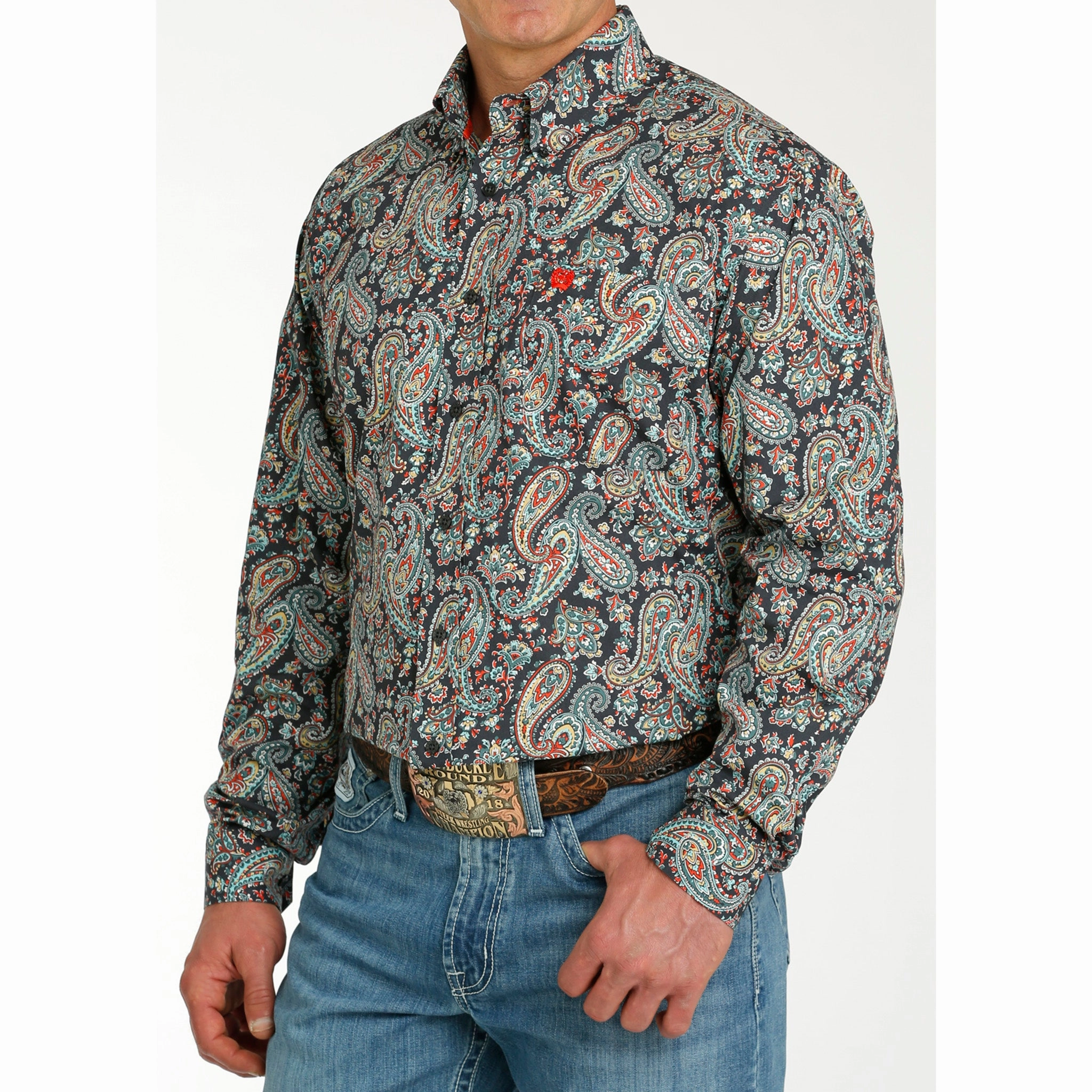 Structured Collar Cinch Men's Charcoal Paisley Long Sleeve