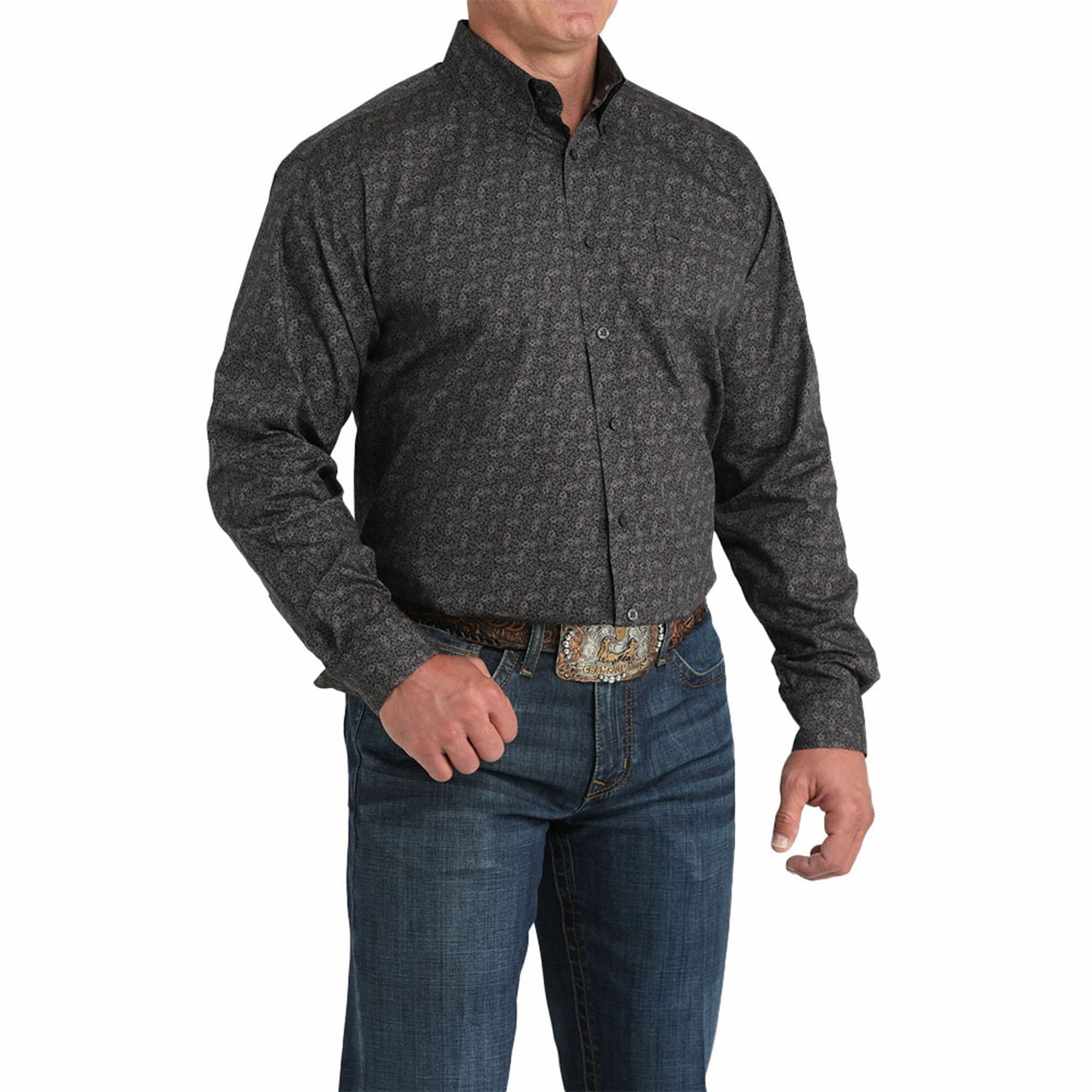 Matte Finish Checkered Style Cinch Men's Classic Fit Paisley Long Sleeve Button Down
