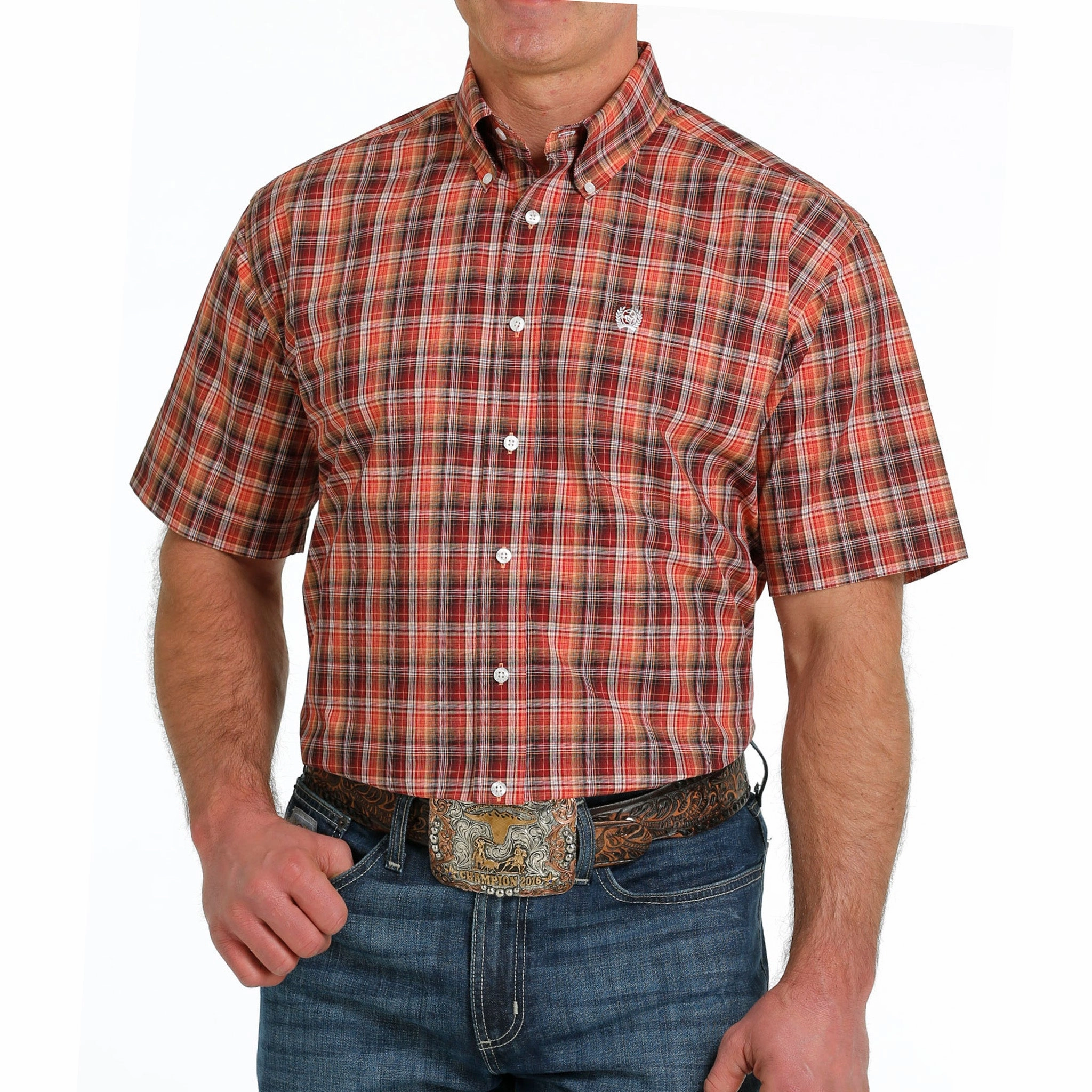 Cinch Men's Dark Orange Plaid Short Sleeve Button Down Shirt Eco-Friendly Fabric Chambray Fabric