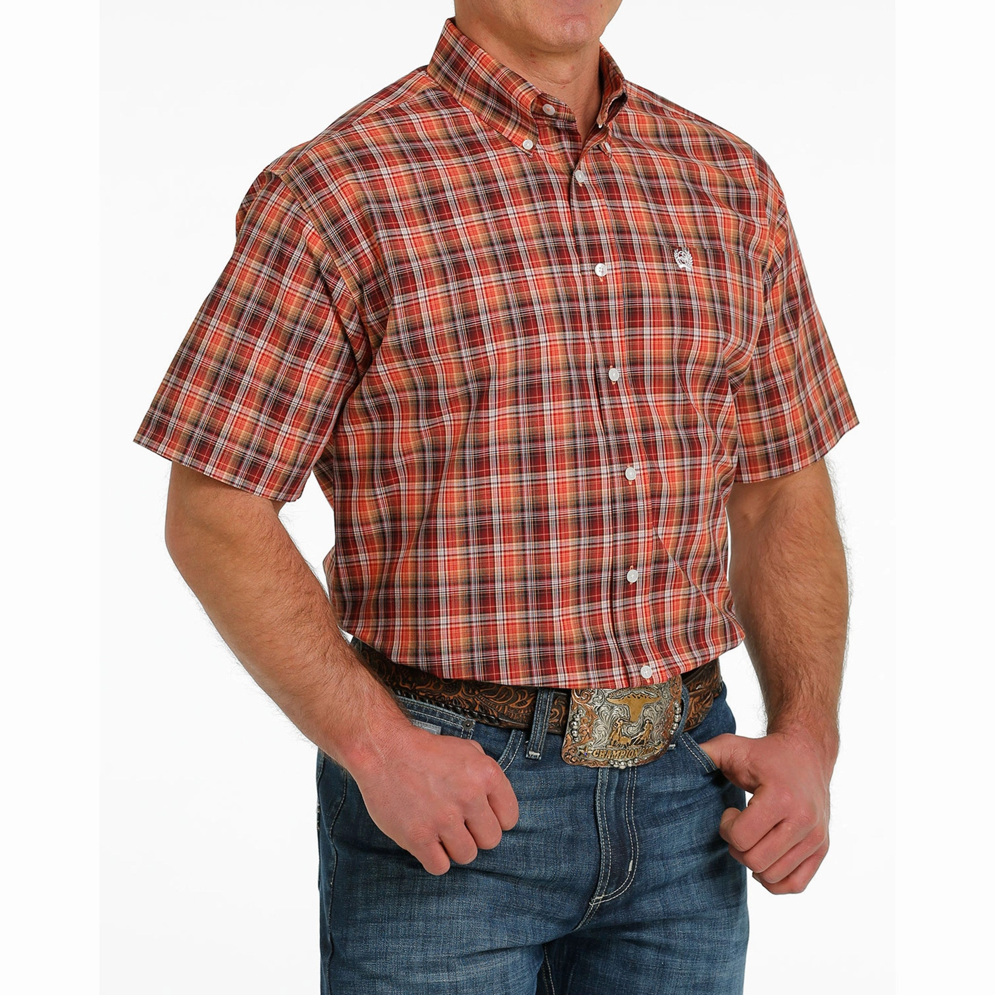 Moisture Management Tech Cinch Men's Dark Orange Plaid Short Sleeve Button Down Shirt