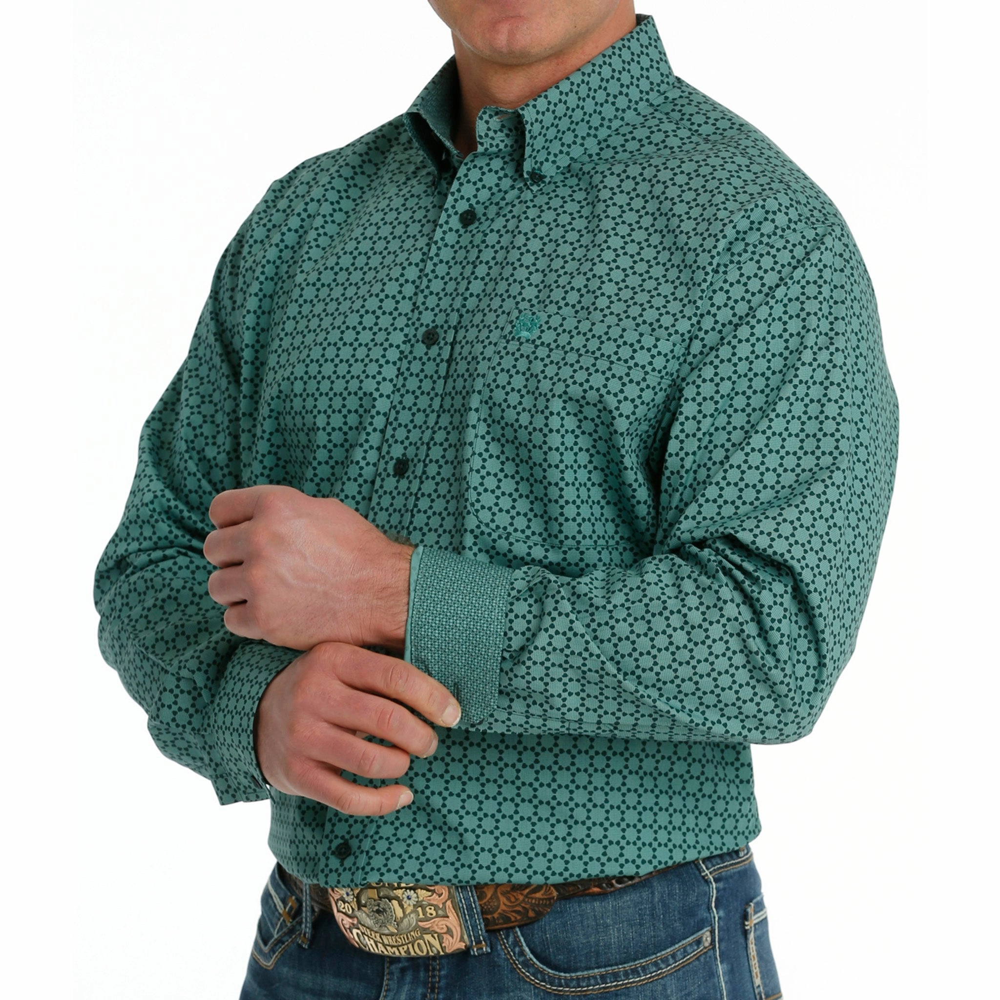 Workwear Option Sporty Style Cinch Men's Green Geo Print Shirt