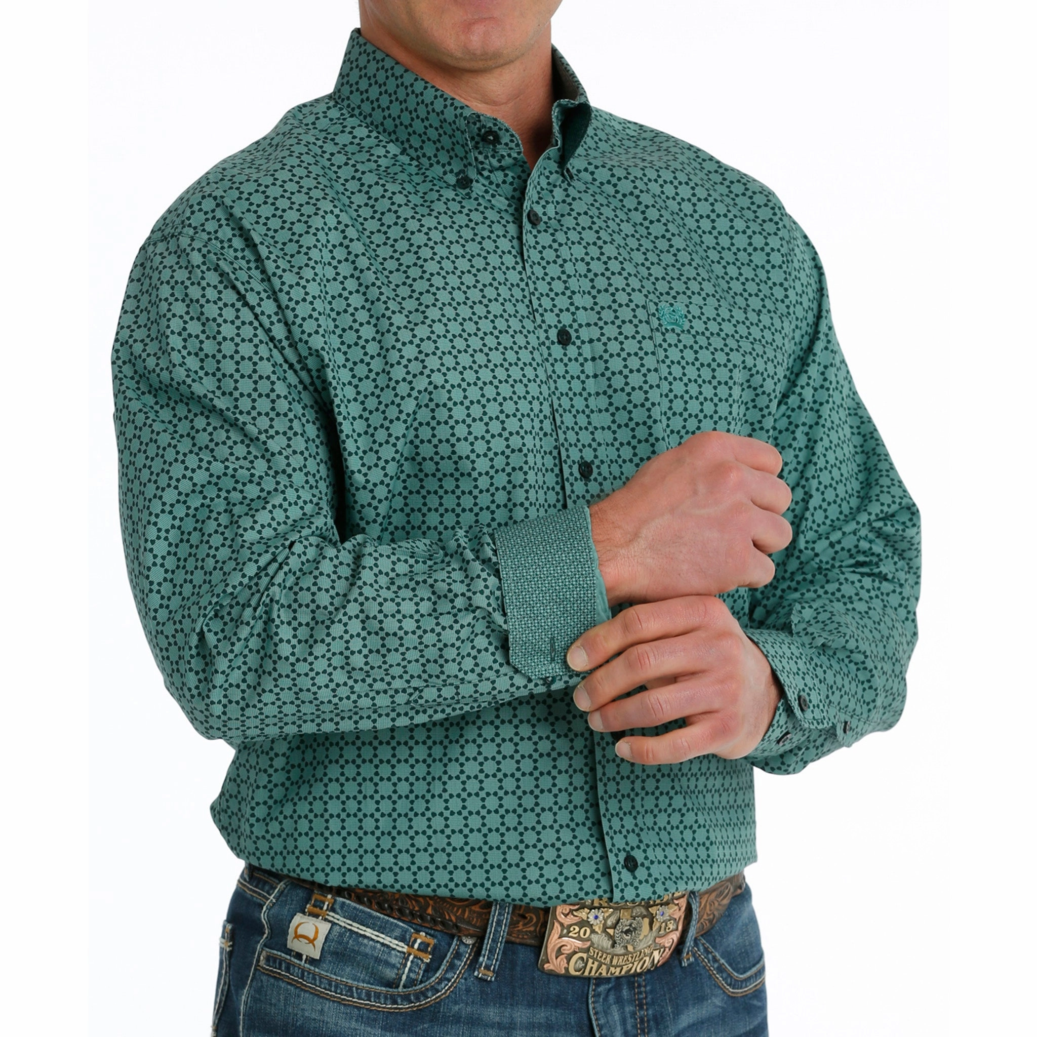 Cinch Men's Green Geo Print Shirt Relaxed Wear