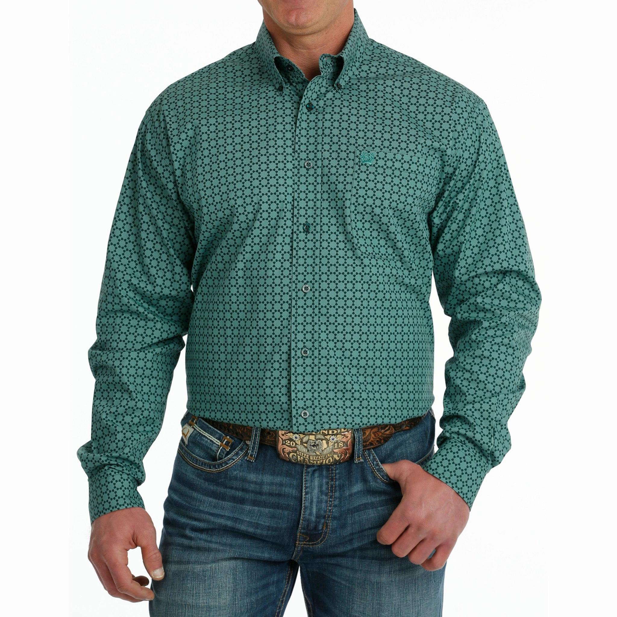 Cinch Men's Green Geo Print Shirt Odor control Sophisticated Elegance