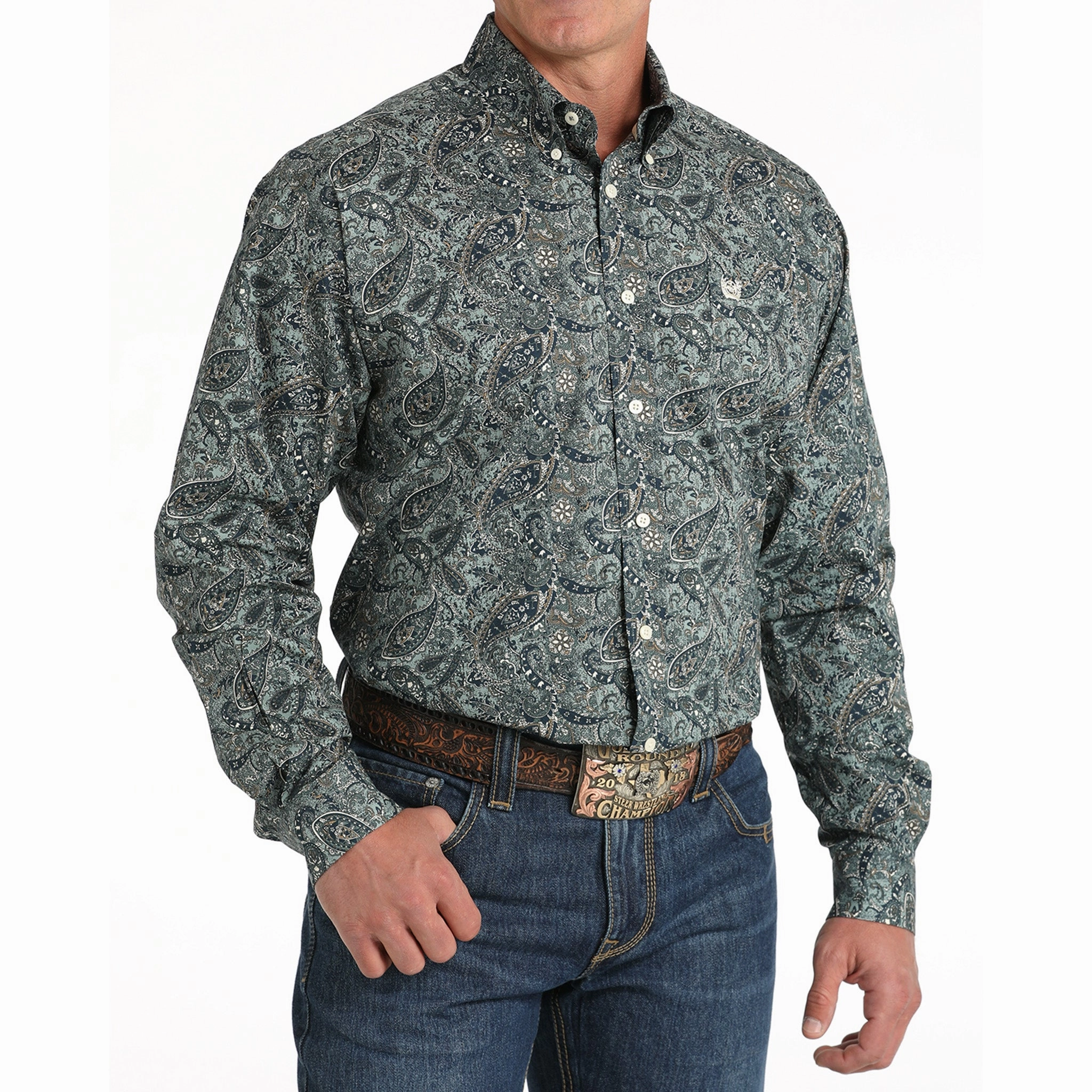 Breathable Comfort Hooded Neckline Cinch Men's Green Paisley Print