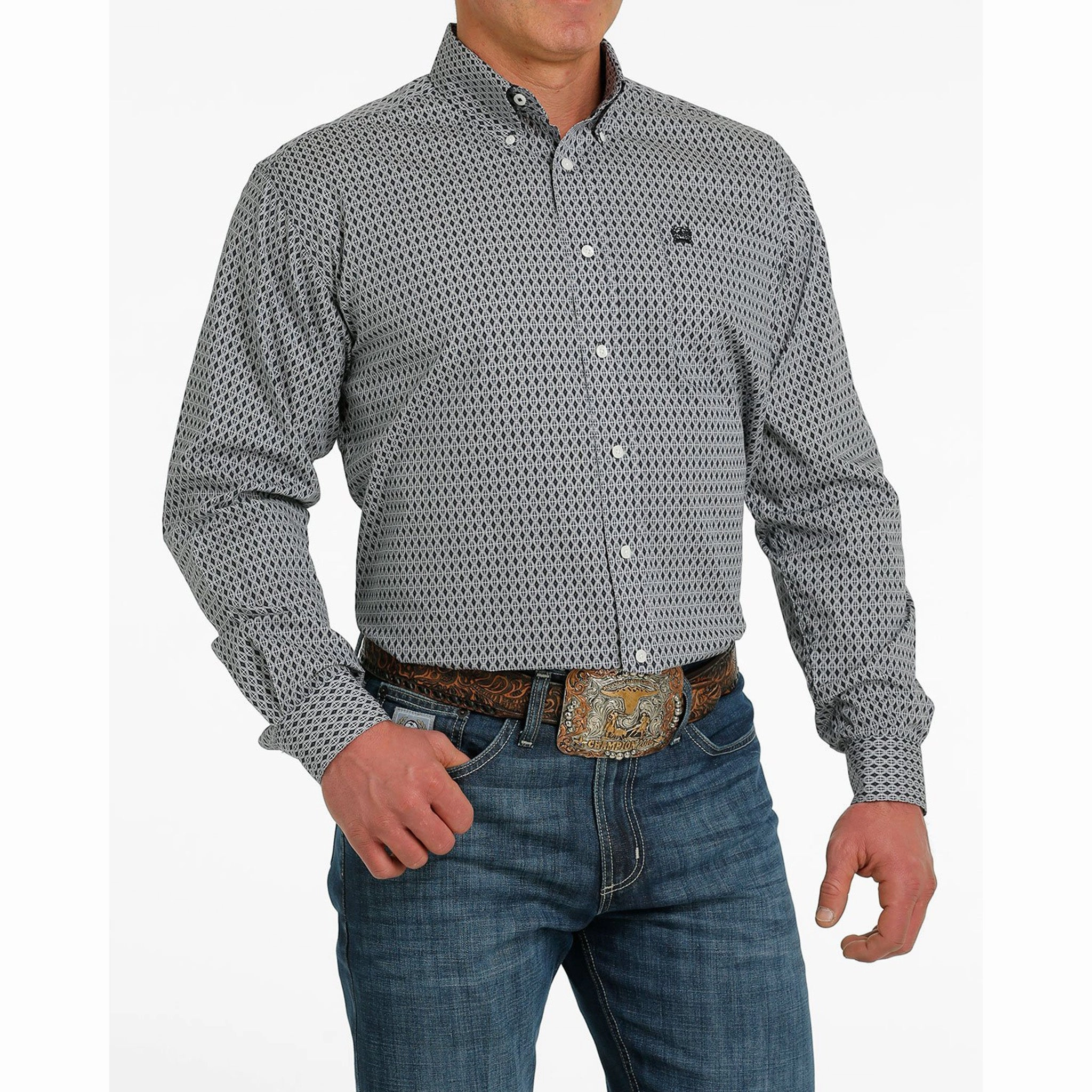 Cinch Men's Grey Geometric Pattern Shirt Non Iron Material