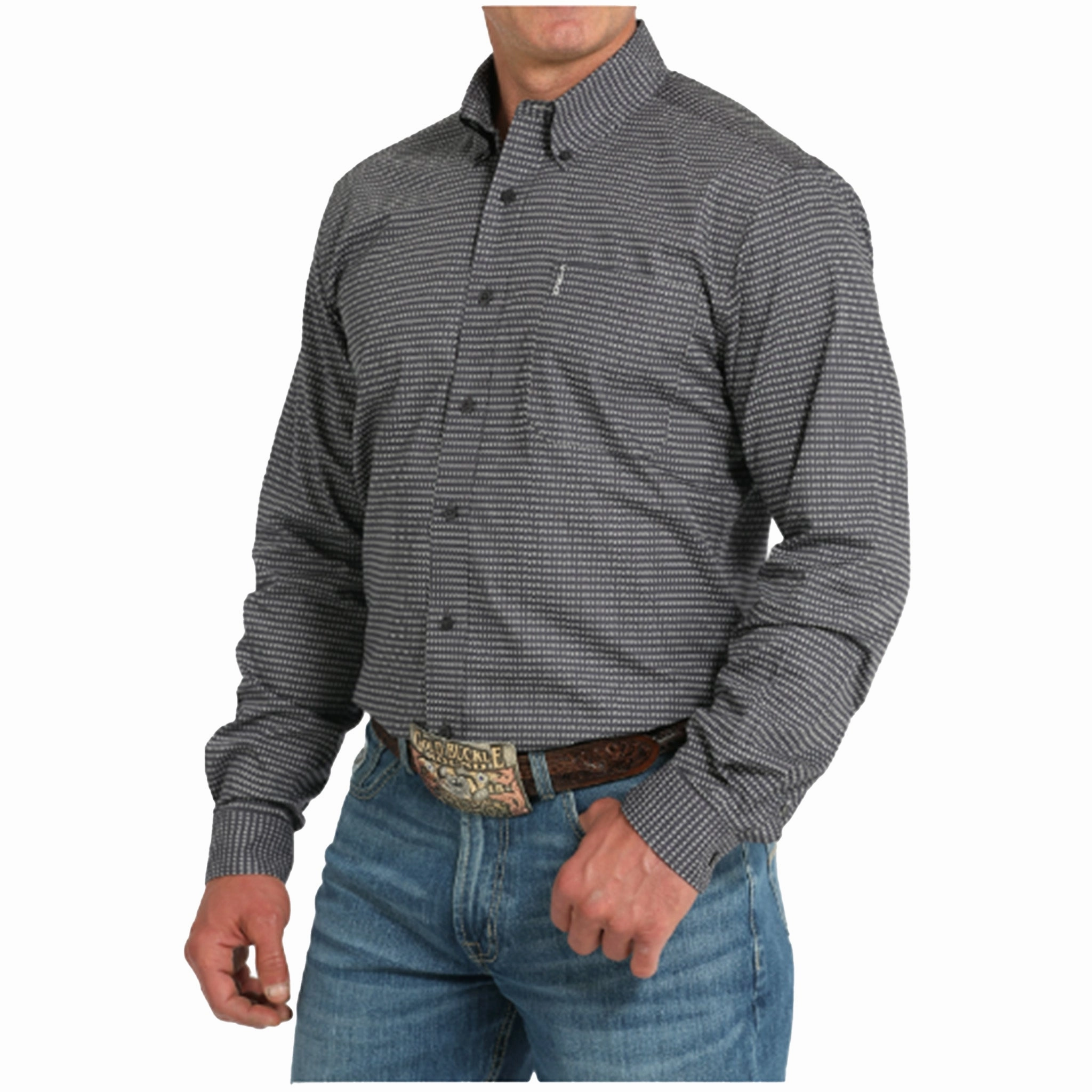 High Neck Smooth Texture Cinch Men's Grey Geometric Print Long Sleeve Shirt