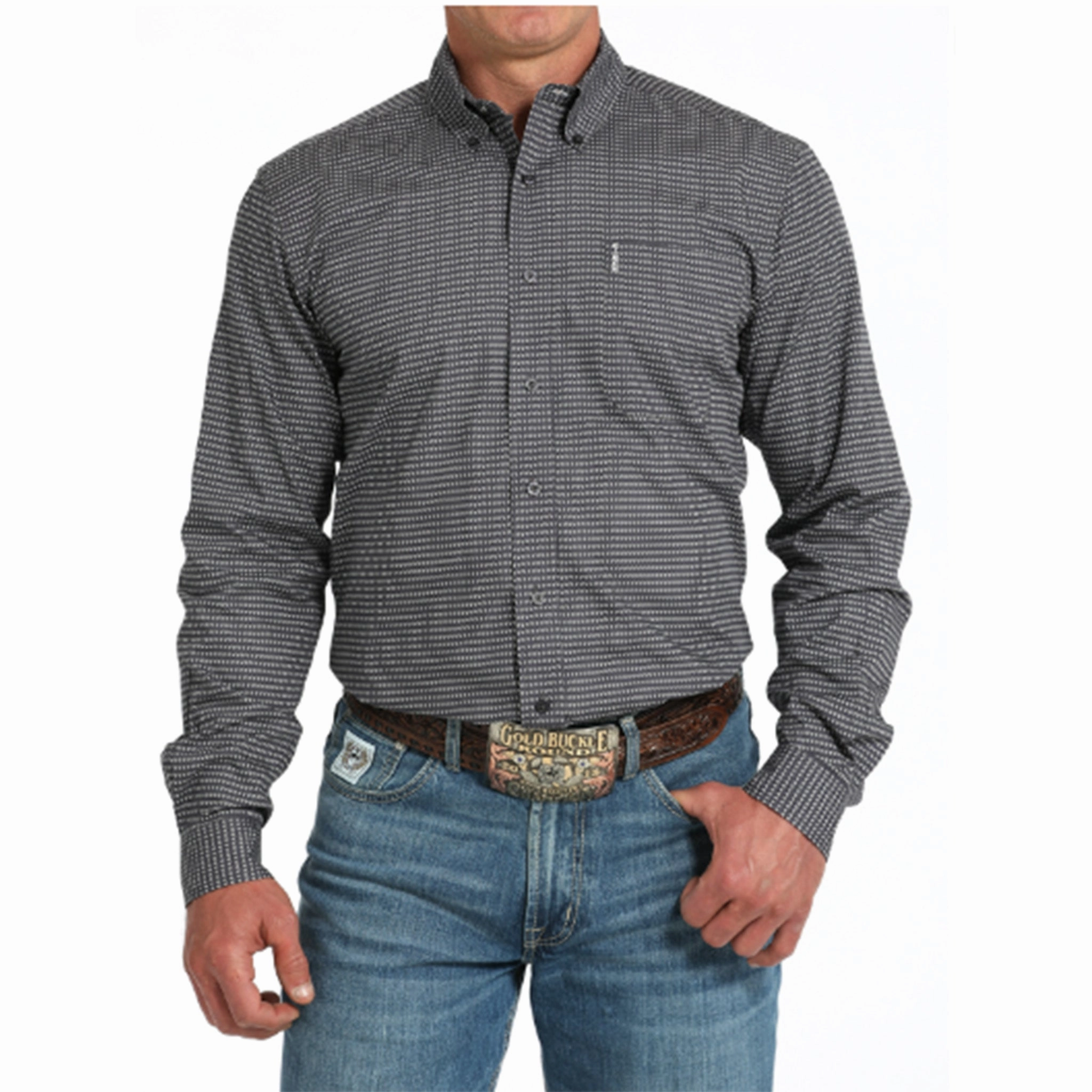 Tailored Cut Cinch Men's Grey Geometric Print Long Sleeve Shirt