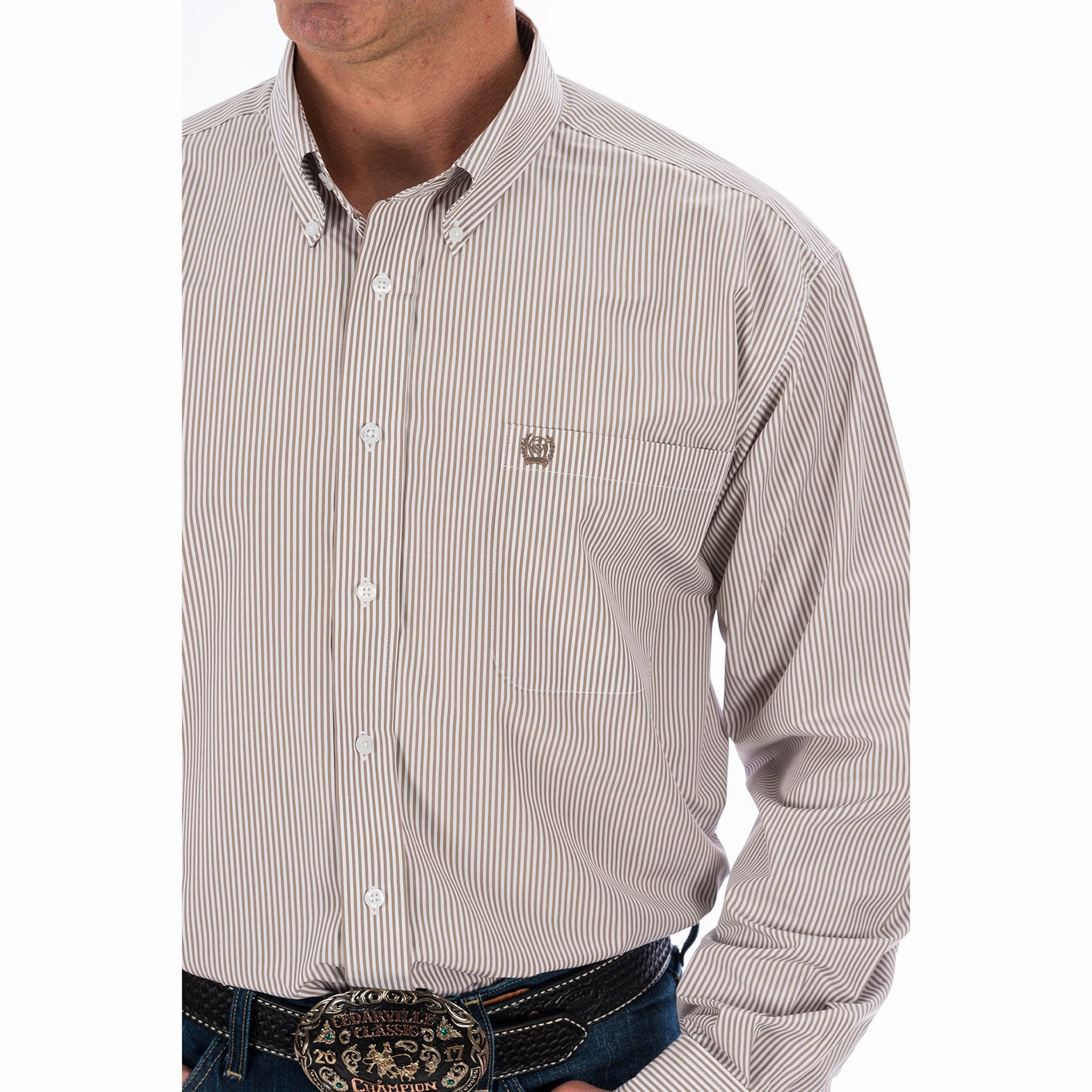 Cinch Men's Khaki & White Stripe Long Sleeve sporty wear Neutral Shade