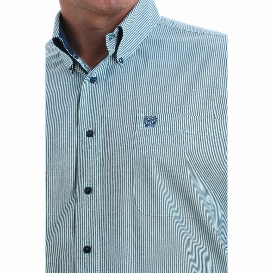 Button front Breathable back panel Cinch Men's Mint & Navy Micro Stripe Long Sleeve