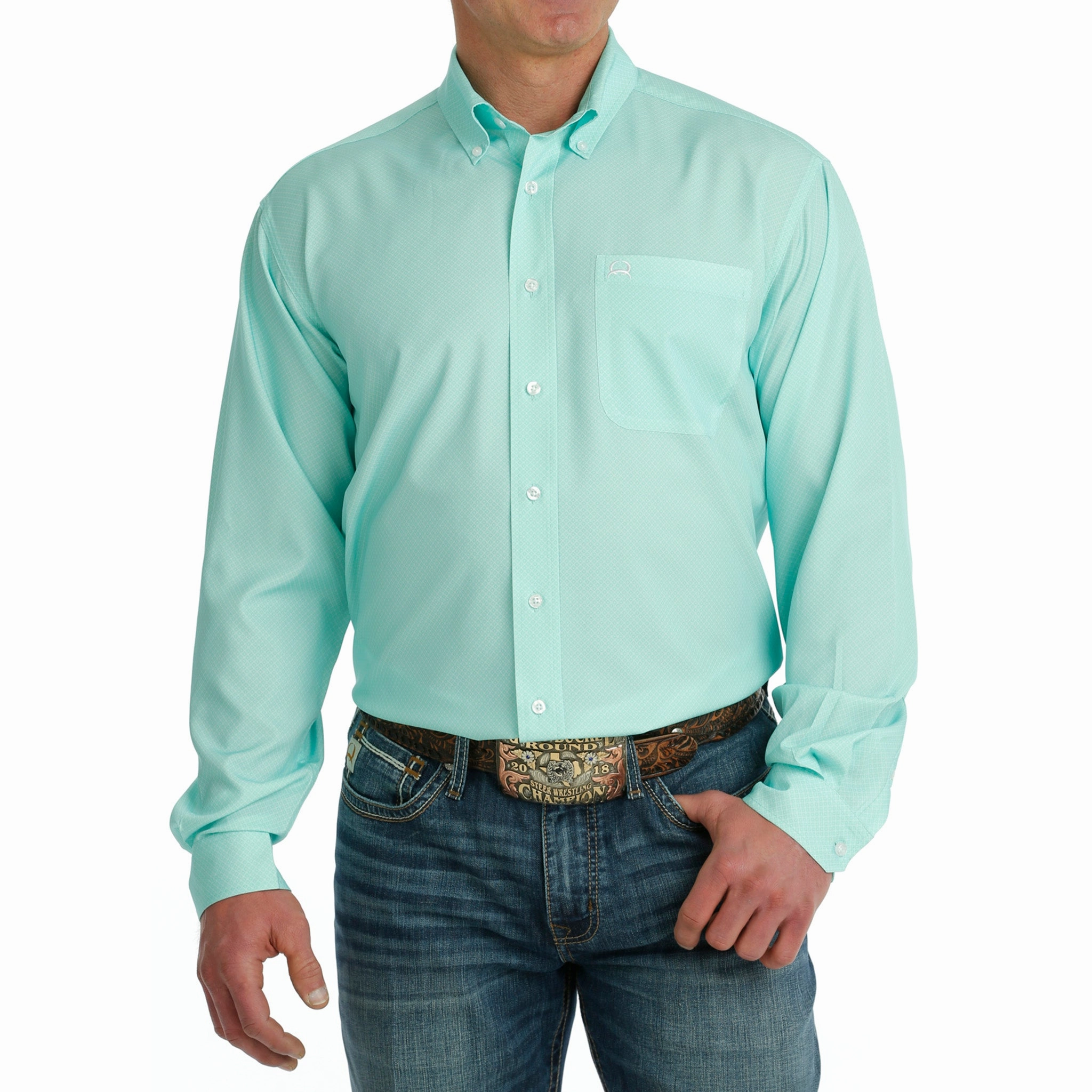 Linen blend Seasonal Trend Cinch Men's Mint Geo Arena Flex Shirt