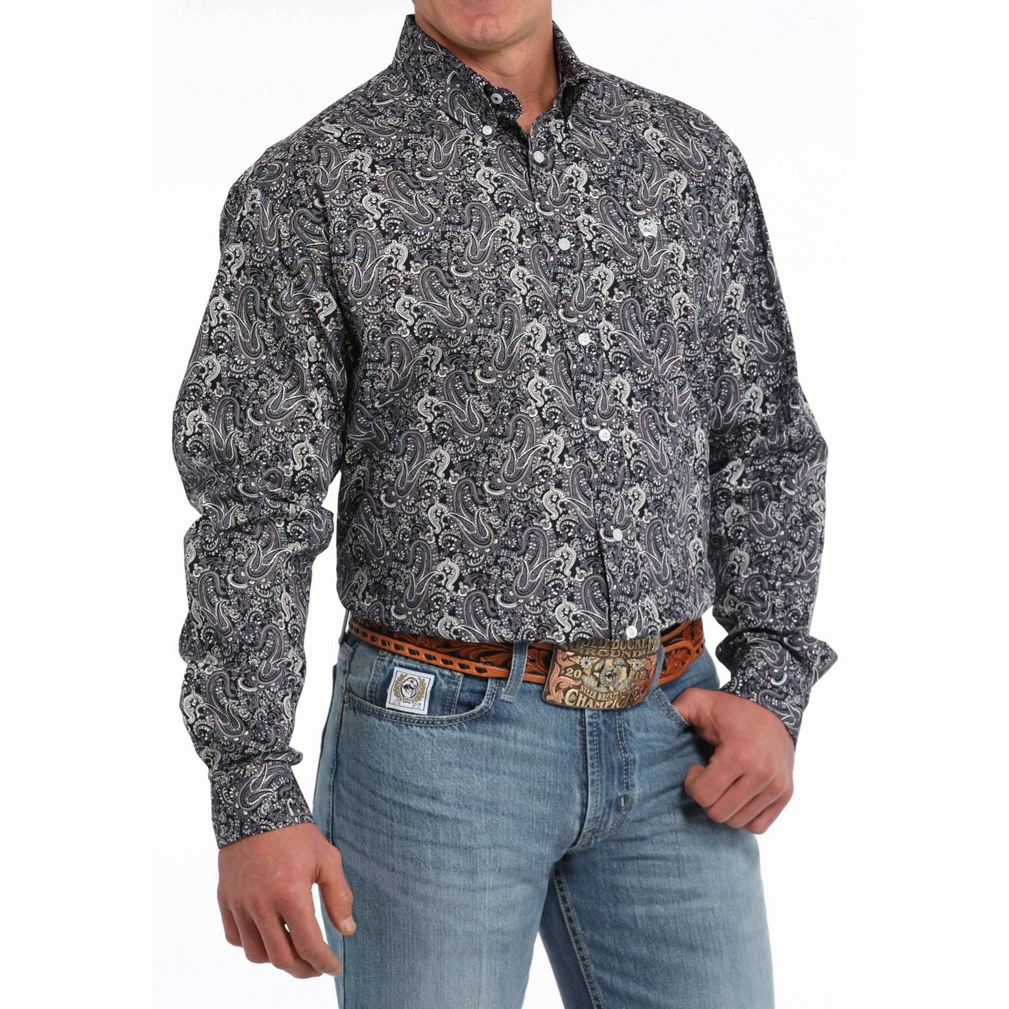 Stretchable Fabric Cinch Men's Multi Color Paisley Long Sleeve Shirt