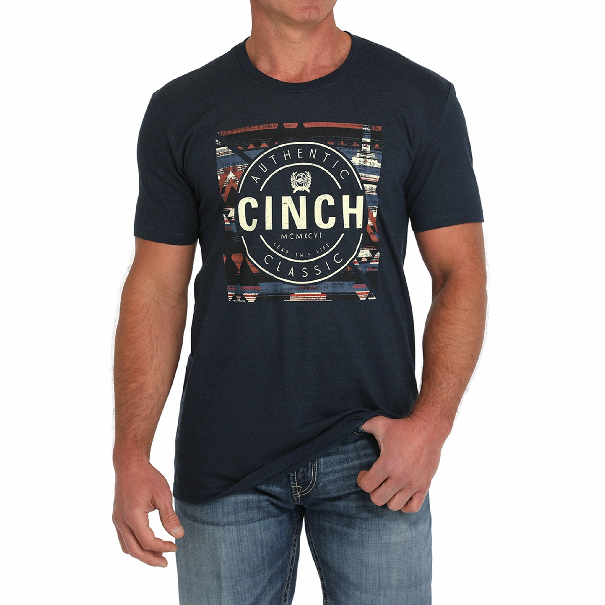 Workwear Style Durable Thread Construction Cinch Men's Navy Aztec Tee
