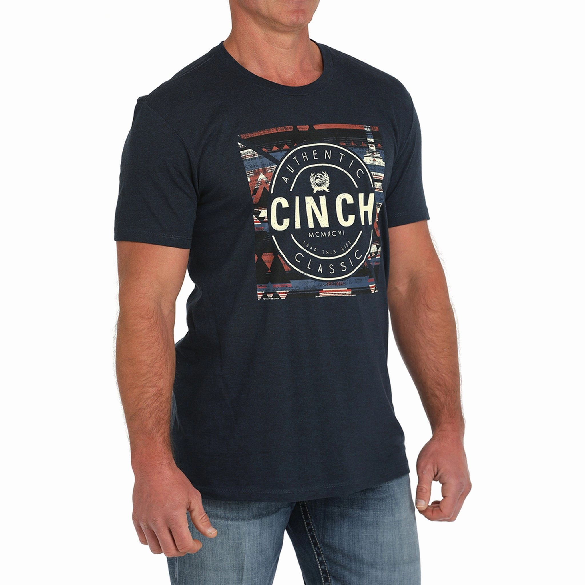 Adjustable Hem Denim Blend Cinch Men's Navy Aztec Tee