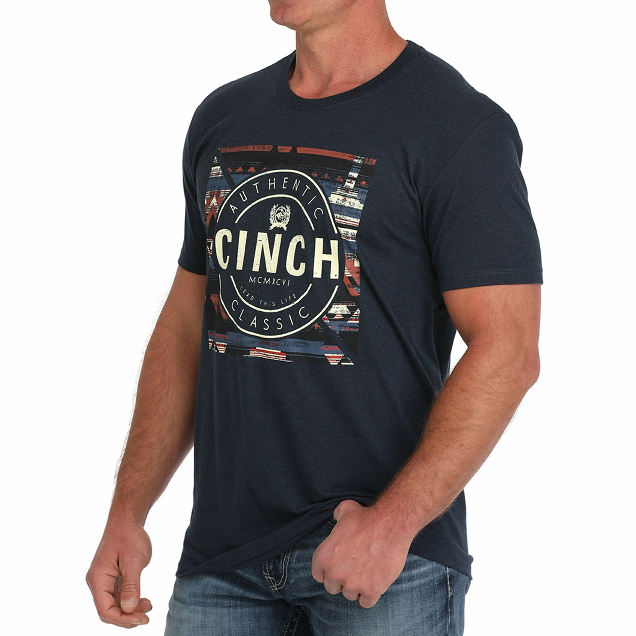 Cinch Men's Navy Aztec Tee Active Comfort Stylish Detail
