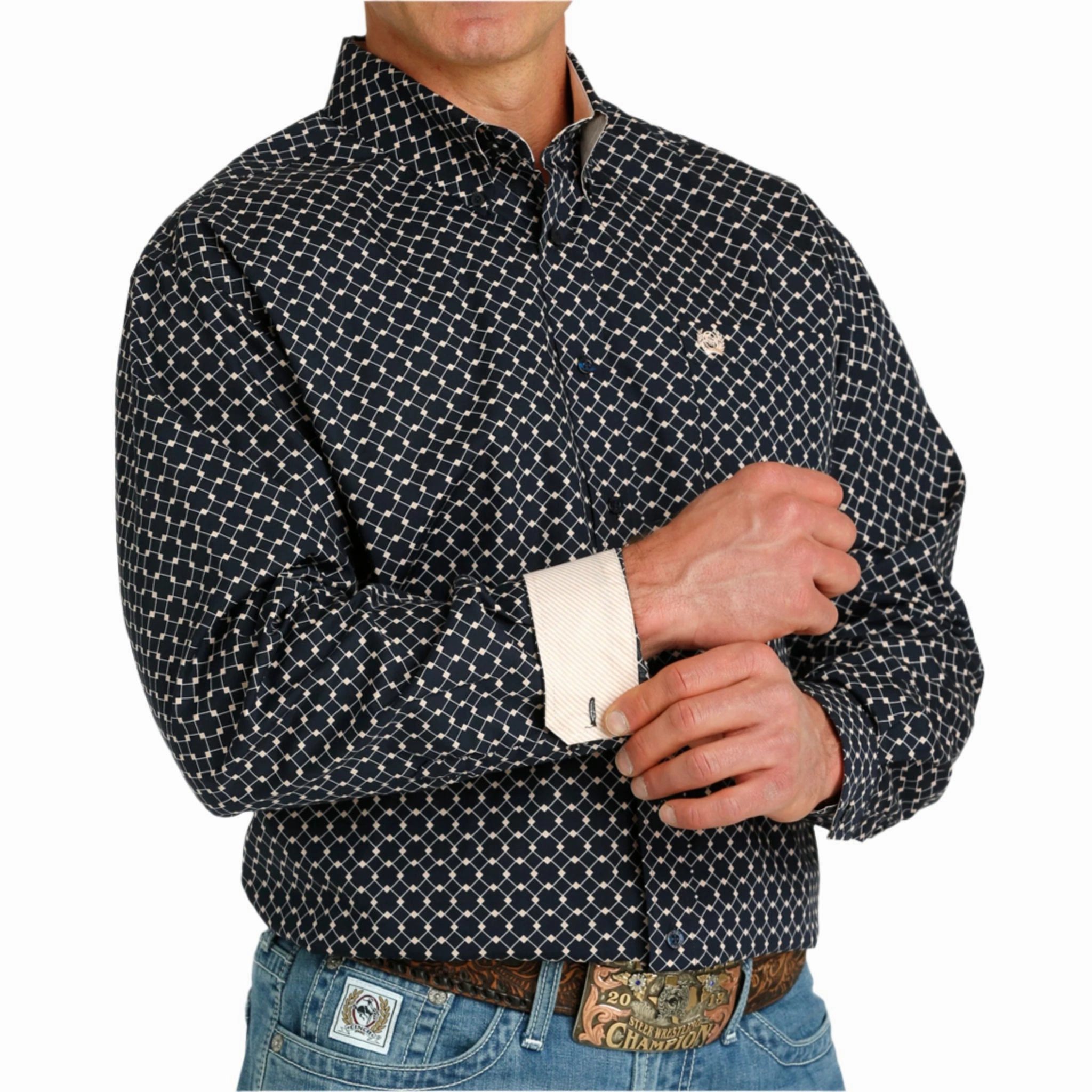 Cinch Men's Navy Geo Print Long Sleeve Shirt Easy Fit Eco Dye Technique