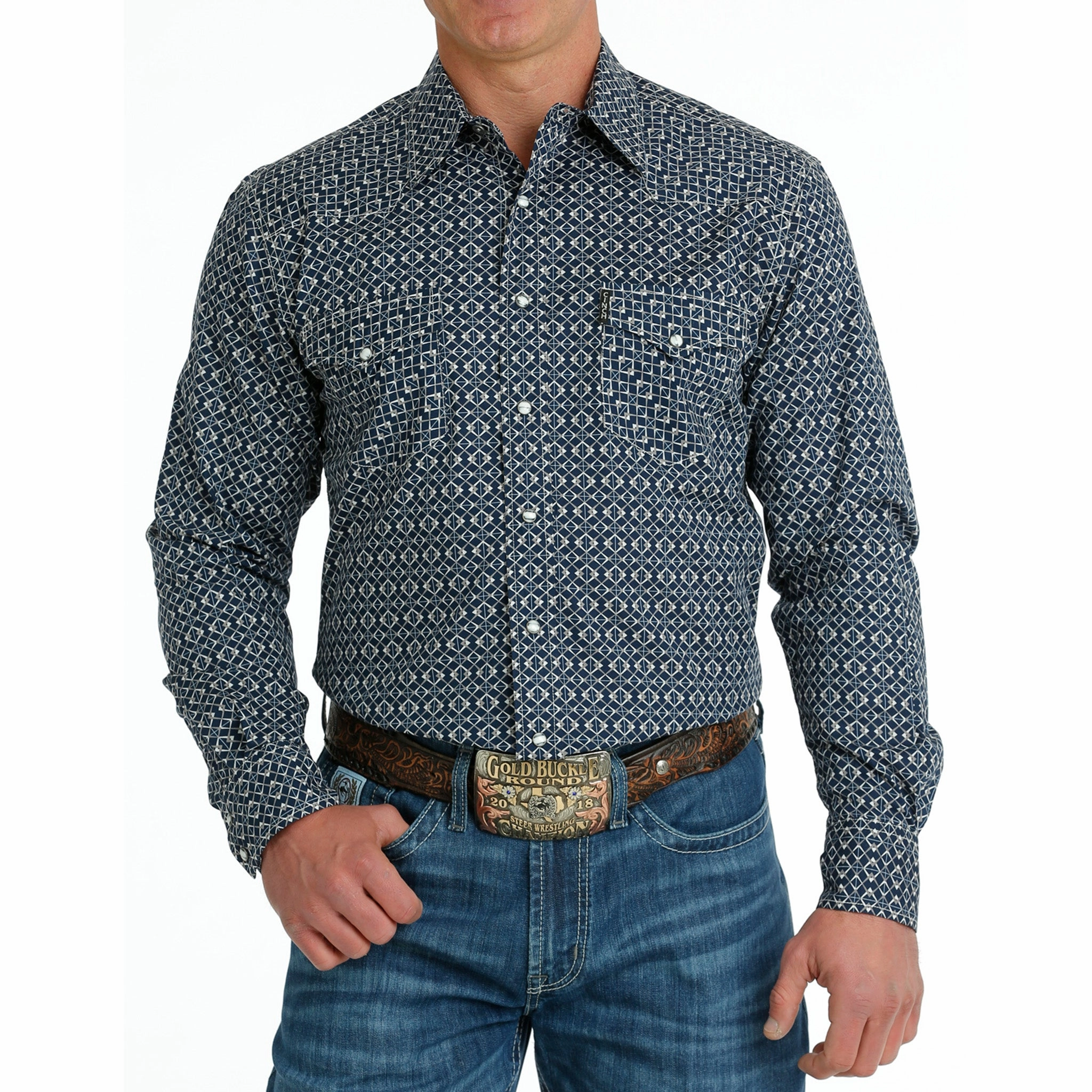 Cinch Men's Navy Geo Print Shirt Roll-Up Sleeve Cozy Fit