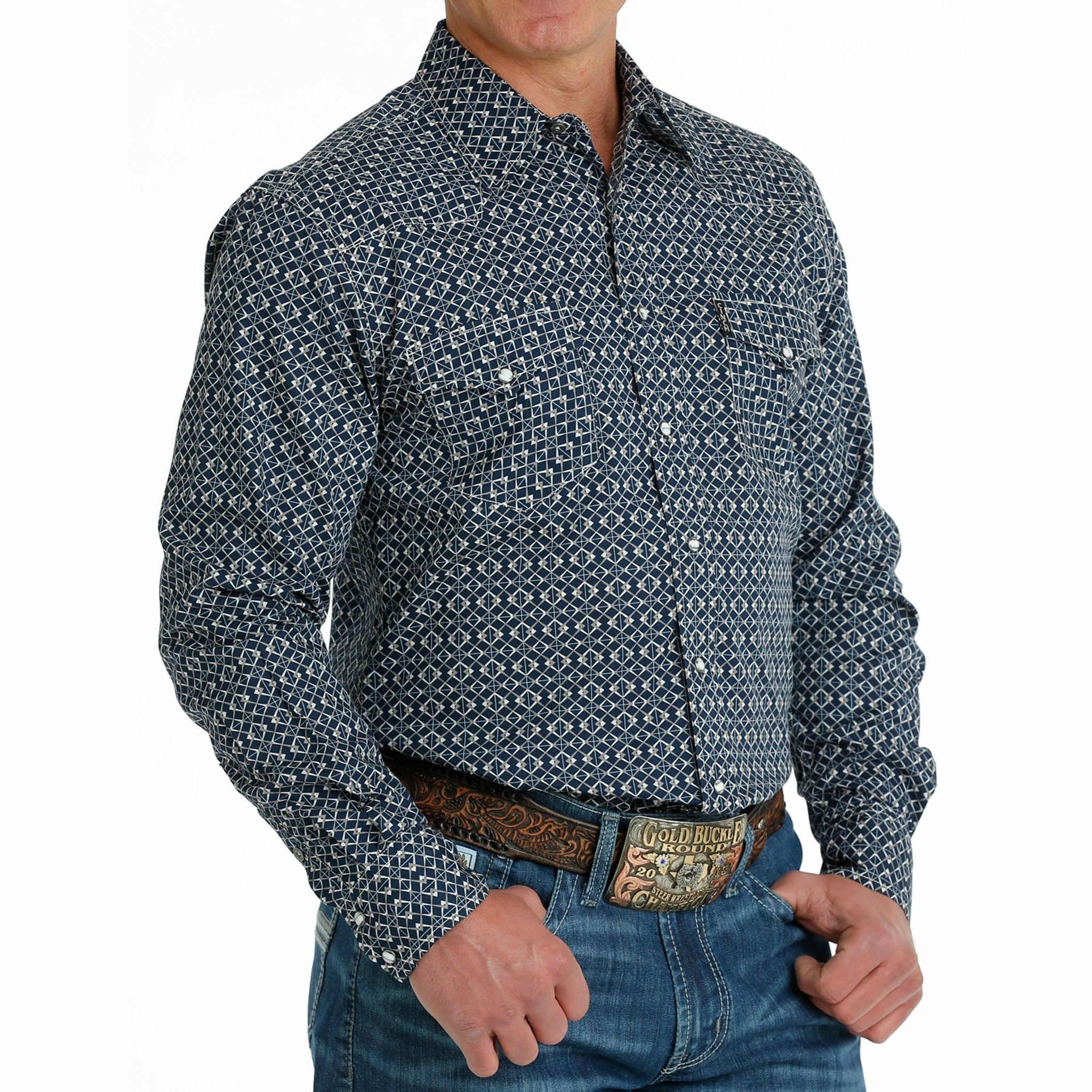 Cinch Men's Navy Geo Print Shirt Soft Collar Design Eco-friendly