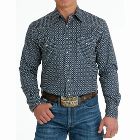 Cinch Men's Navy Geo Print Shirt Roll-Up Sleeve Cozy Fit
