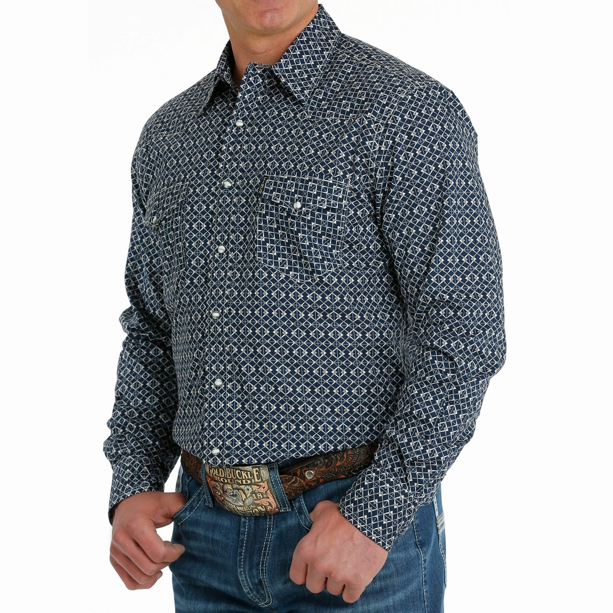 High-End Look Cinch Men's Navy Geo Print Shirt