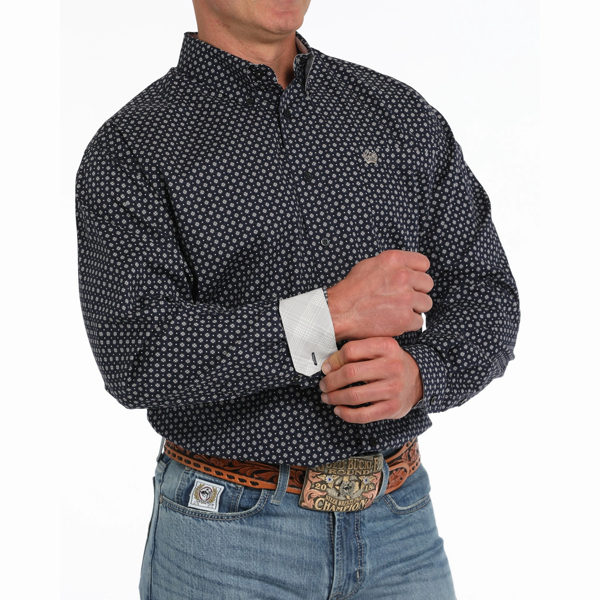 Breathable Cotton Sweat-Absorbing Cinch Men's Navy Geo Print Shirt