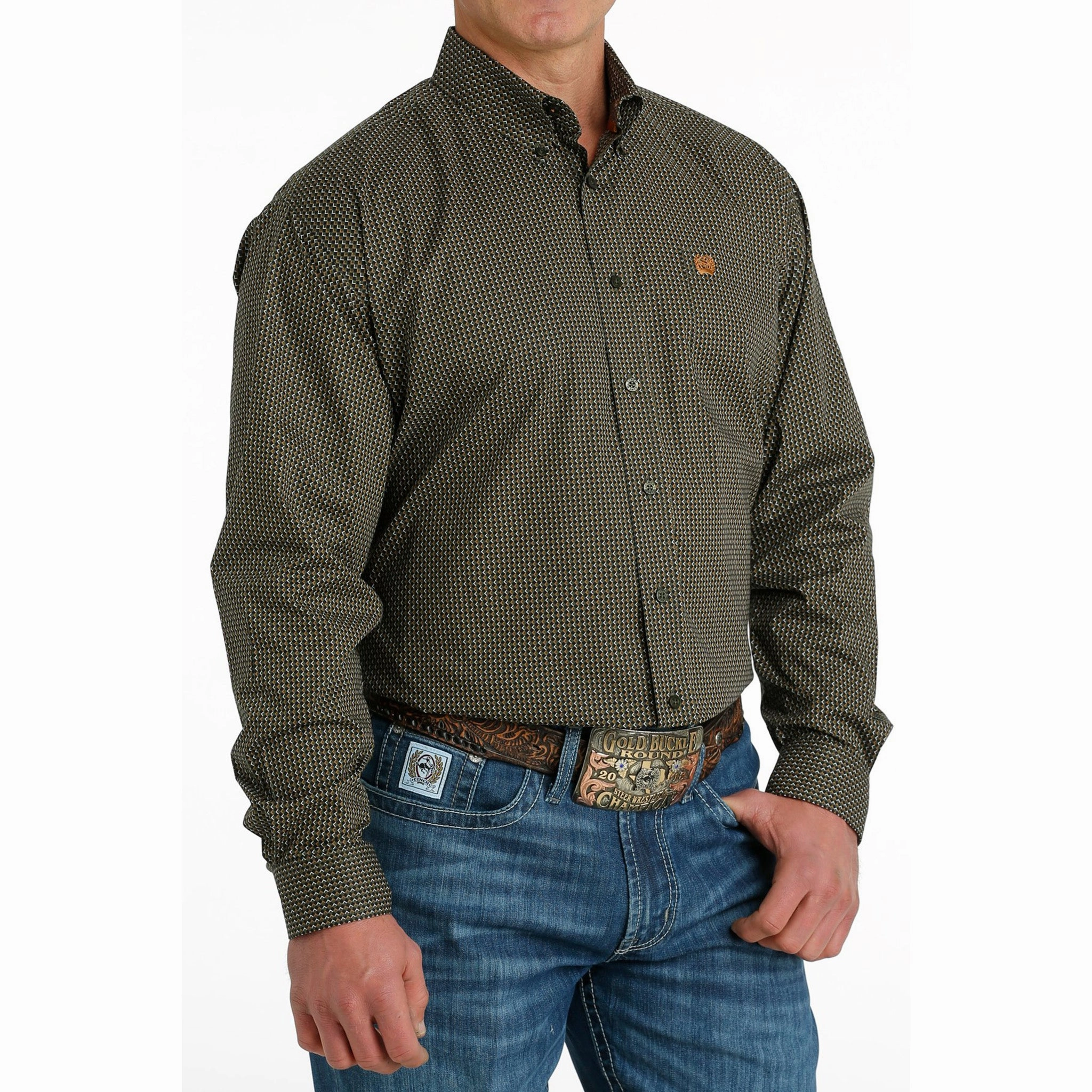 Breathable Design Cinch Men's Olive & Tan & Black Geo Print Shirt