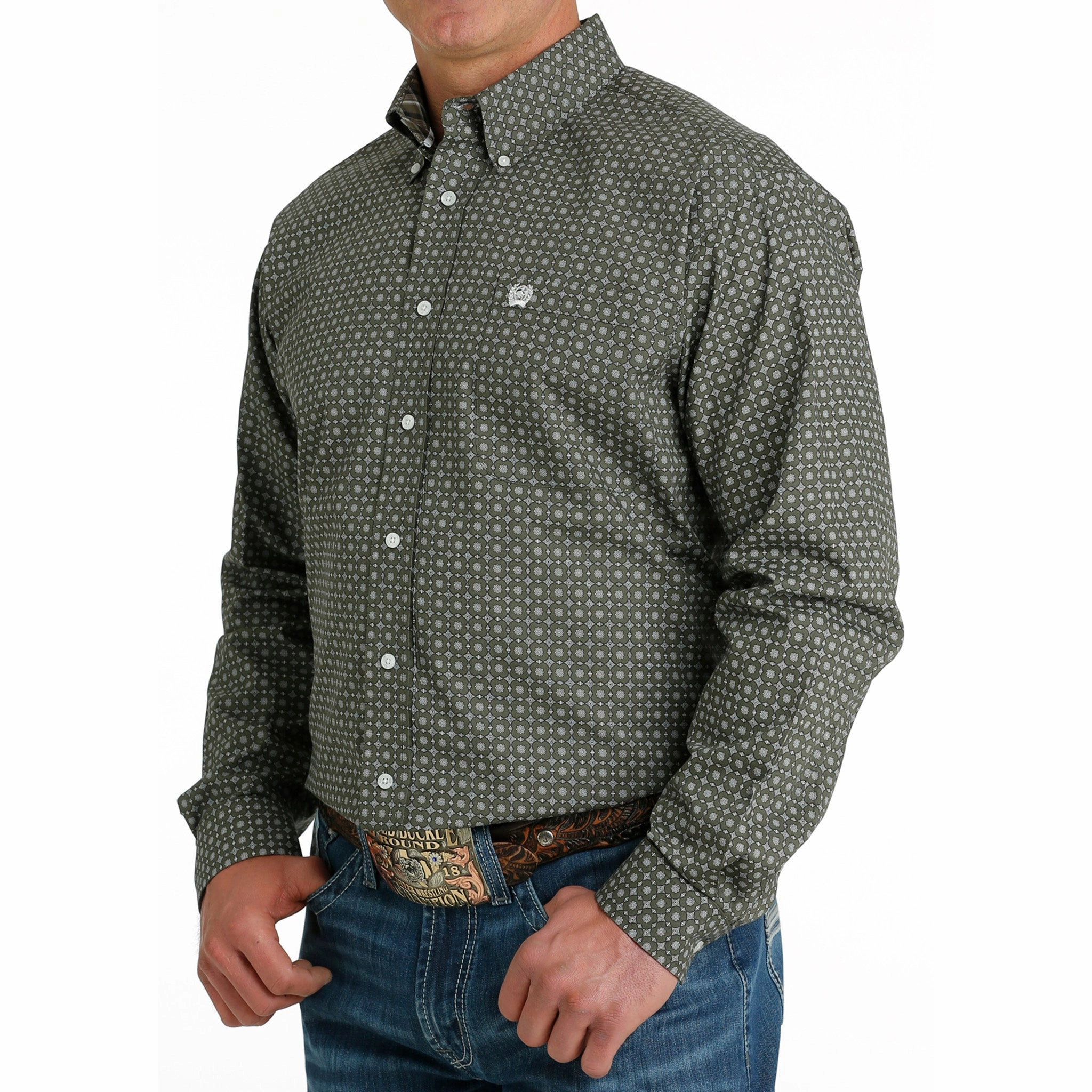Cinch Men's Olive Geo Print Shirt Flexible Mobility Designer Touch