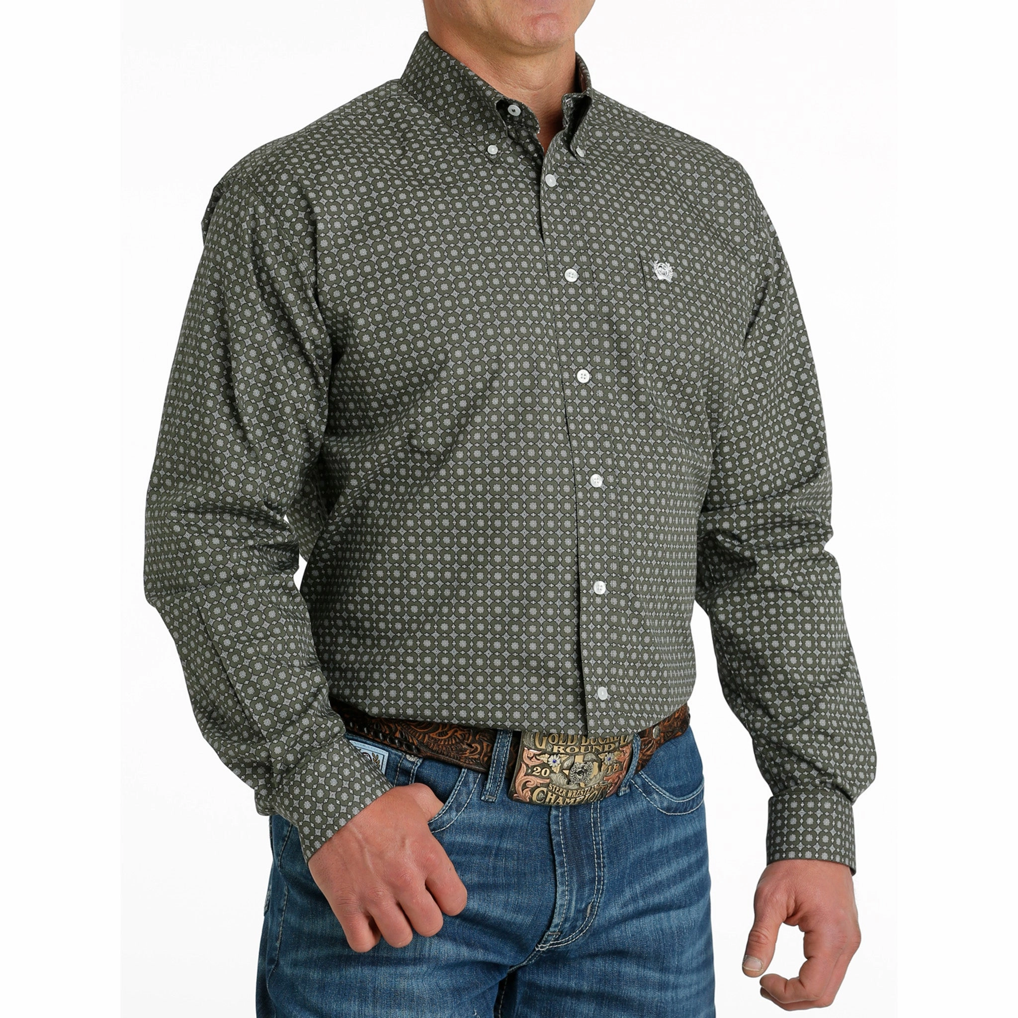 Cinch Men's Olive Geo Print Shirt Flexible Shoulder Construction