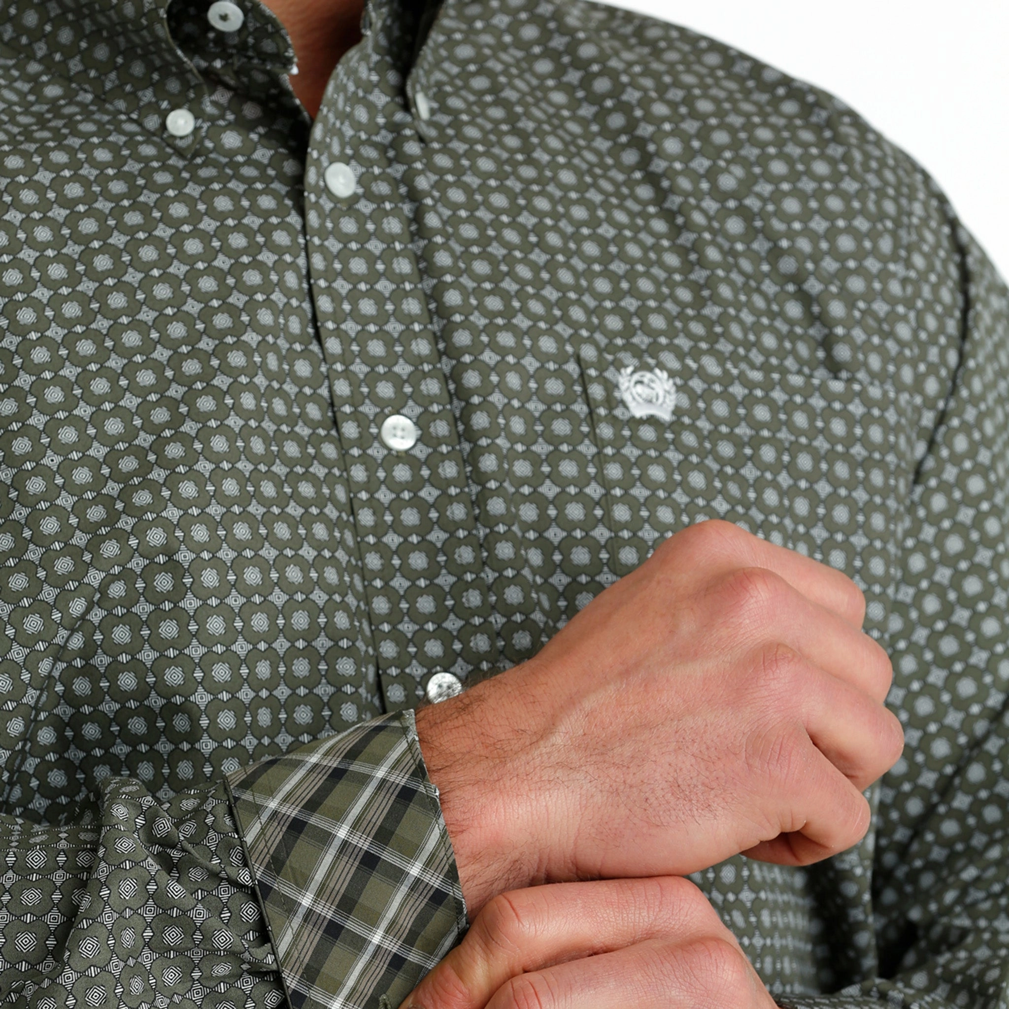Weekend Adventure Chic Option Cinch Men's Olive Geo Print Shirt