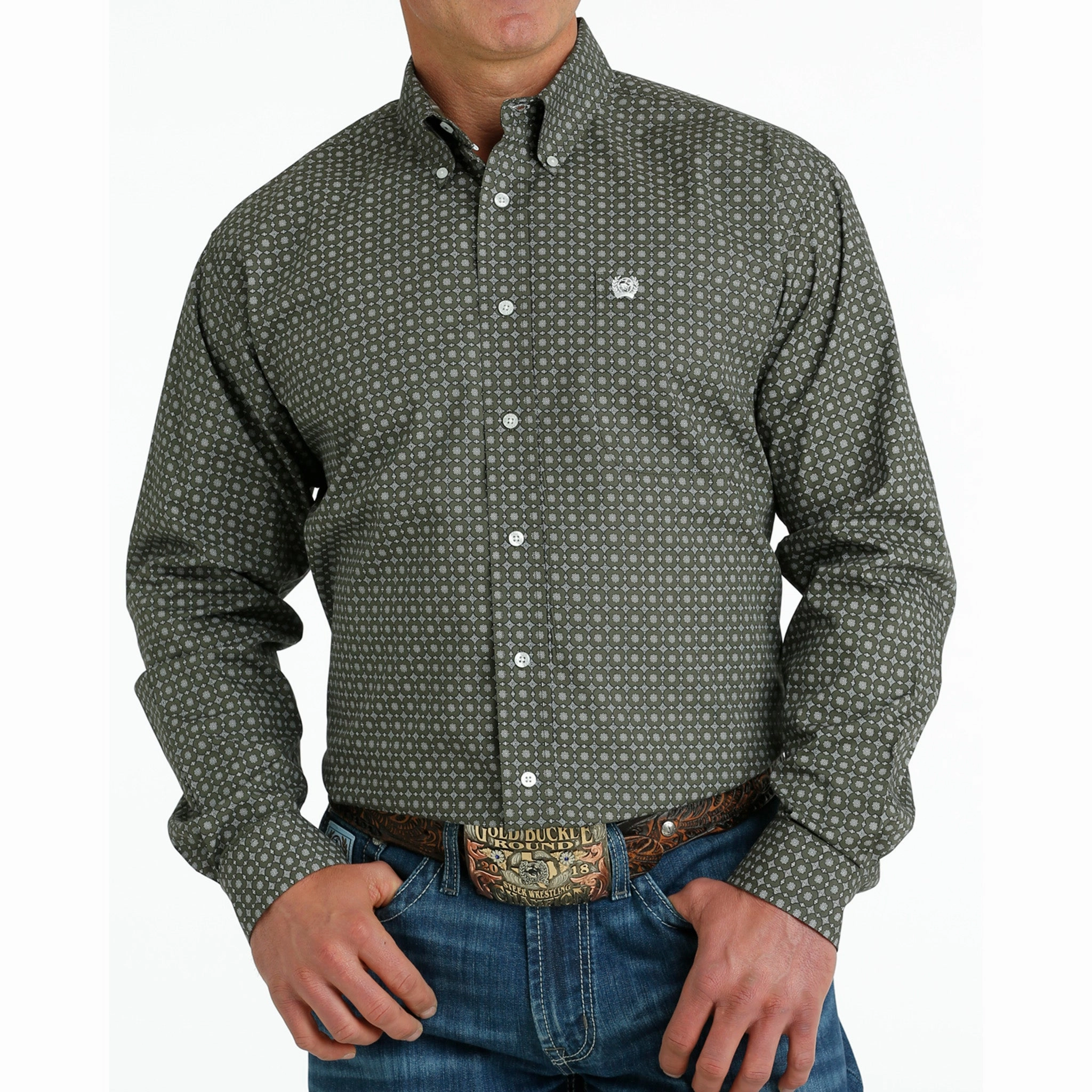 Cinch Men's Olive Geo Print Shirt family gathering