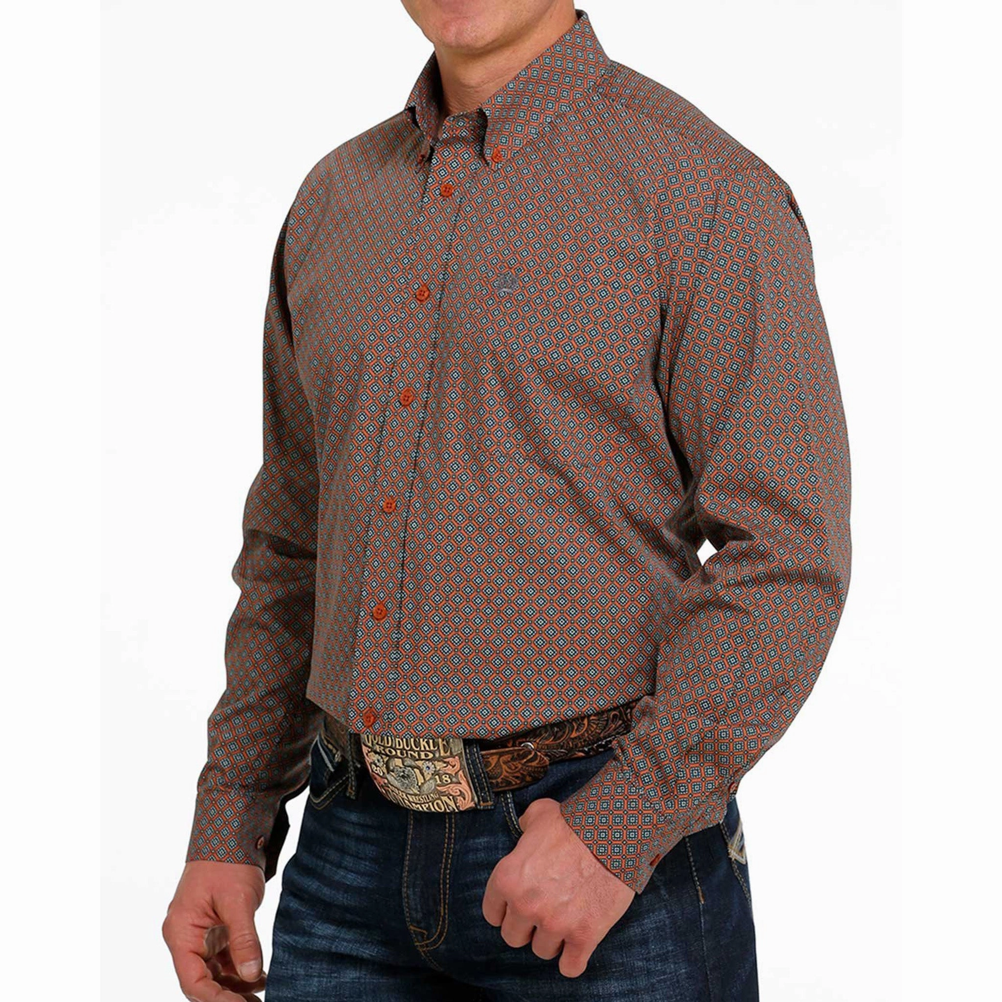 Cinch Men's Orange & Teal Geometric Shirt Essential Layer