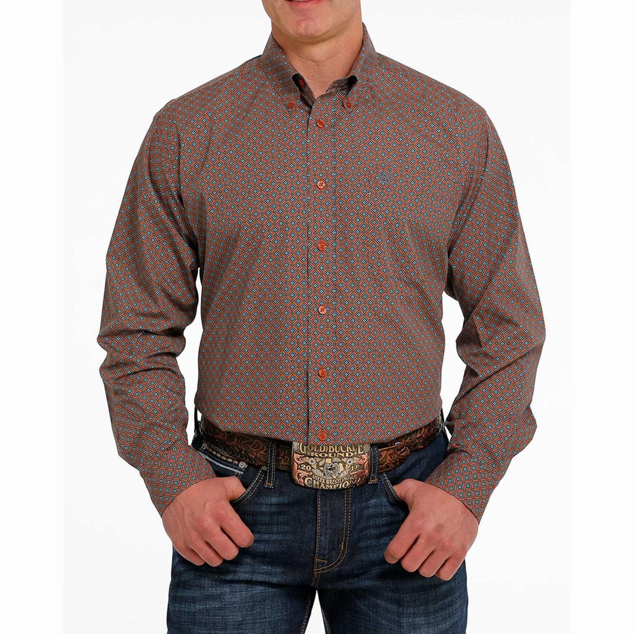 Cinch Men's Orange & Teal Geometric Shirt Casual Option Premium Option