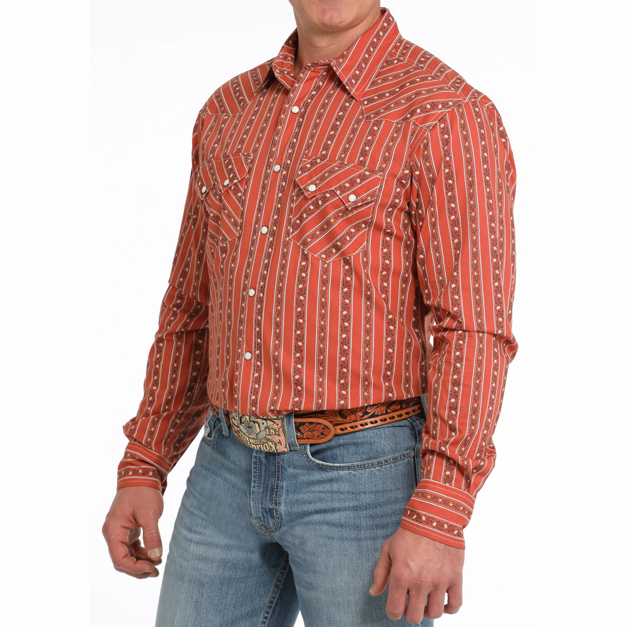 Cinch Men's Orange Floral Stripe Shirt Retro Vibe Everyday Comfort