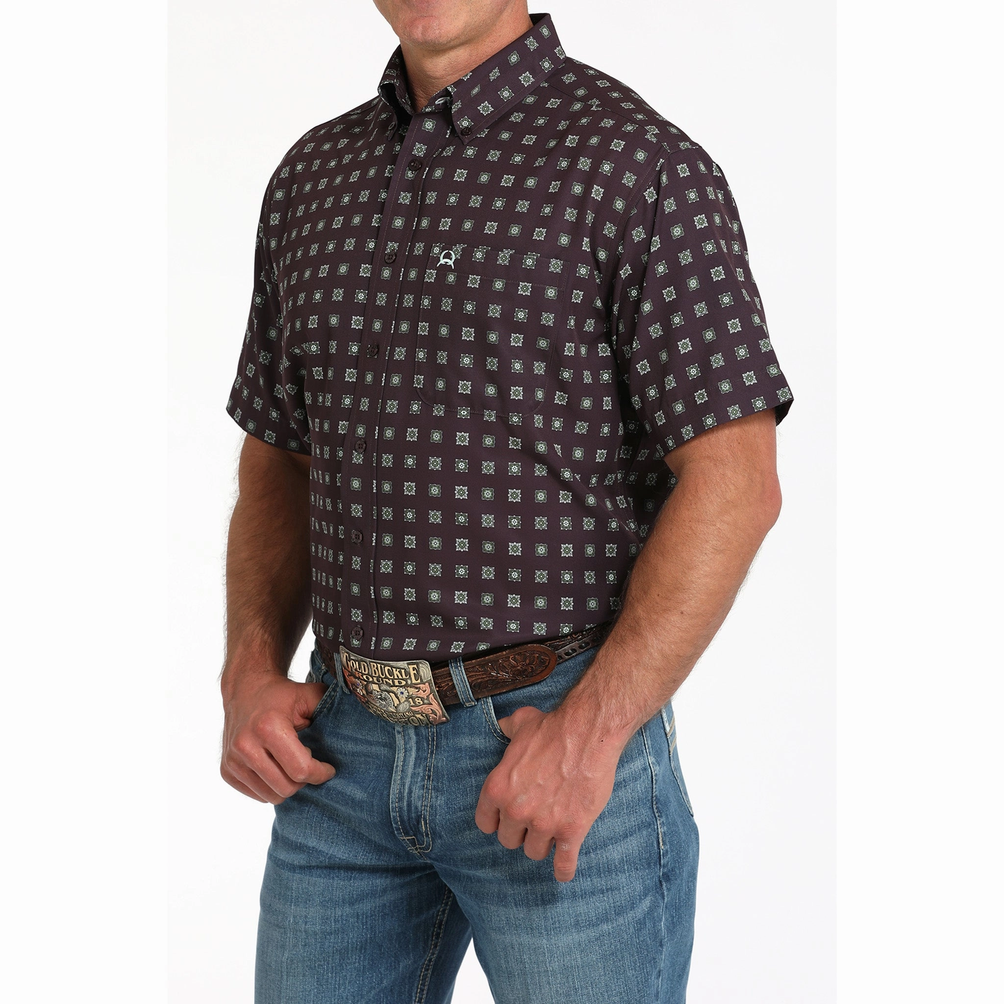Flexible Material Cinch Men's Purple Geo Print ArenaFlex Short Sleeve Shirt