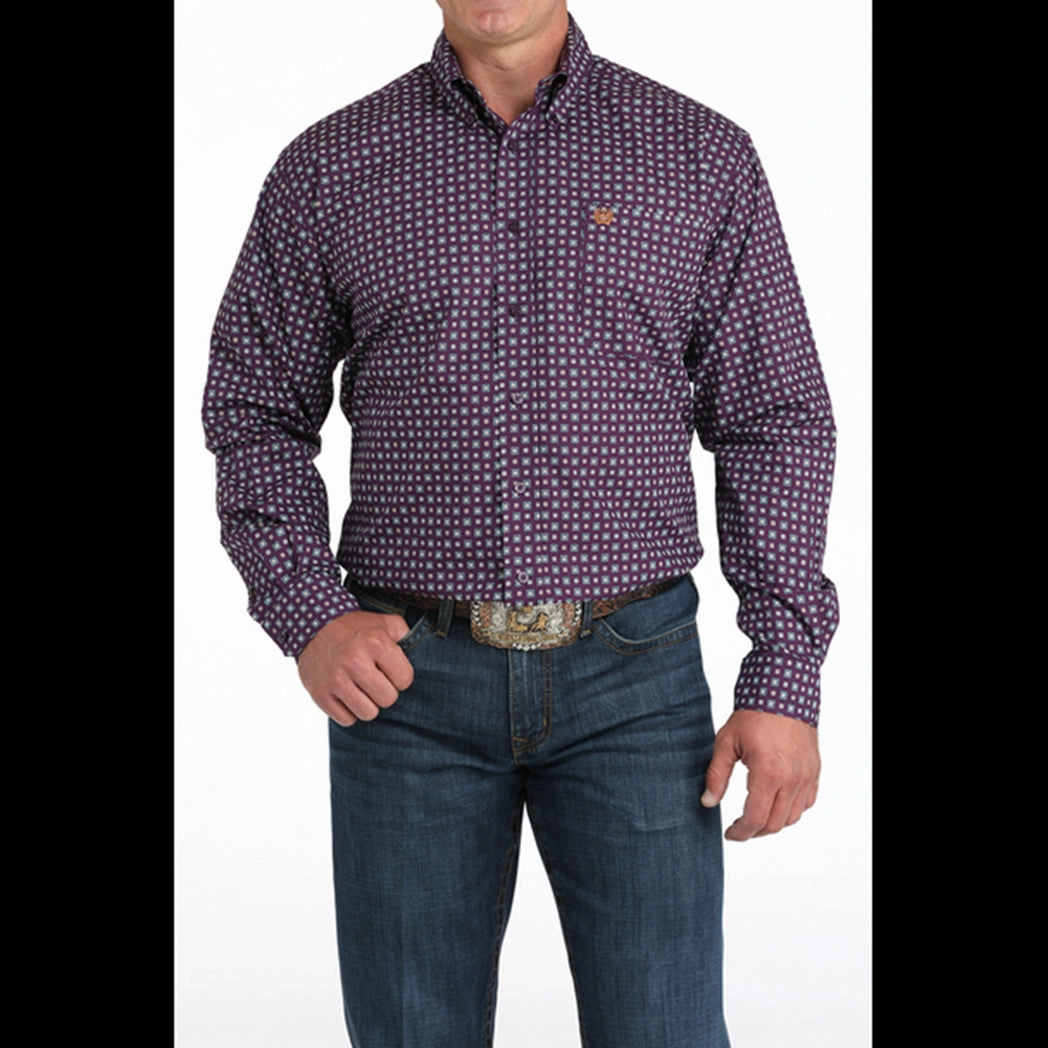Cinch Men's Purple Geometric Print Long Sleeve Shirt Smooth Stitch Pattern