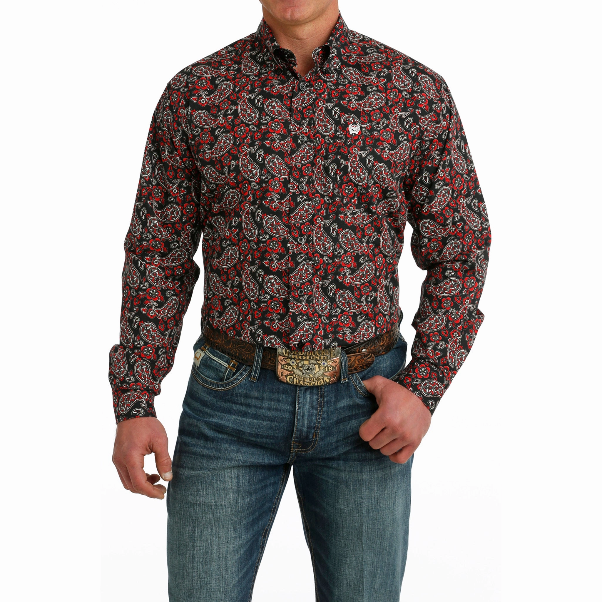 Cinch Men's Red & Black Paisley Long Sleeve Stretchable Cloth
