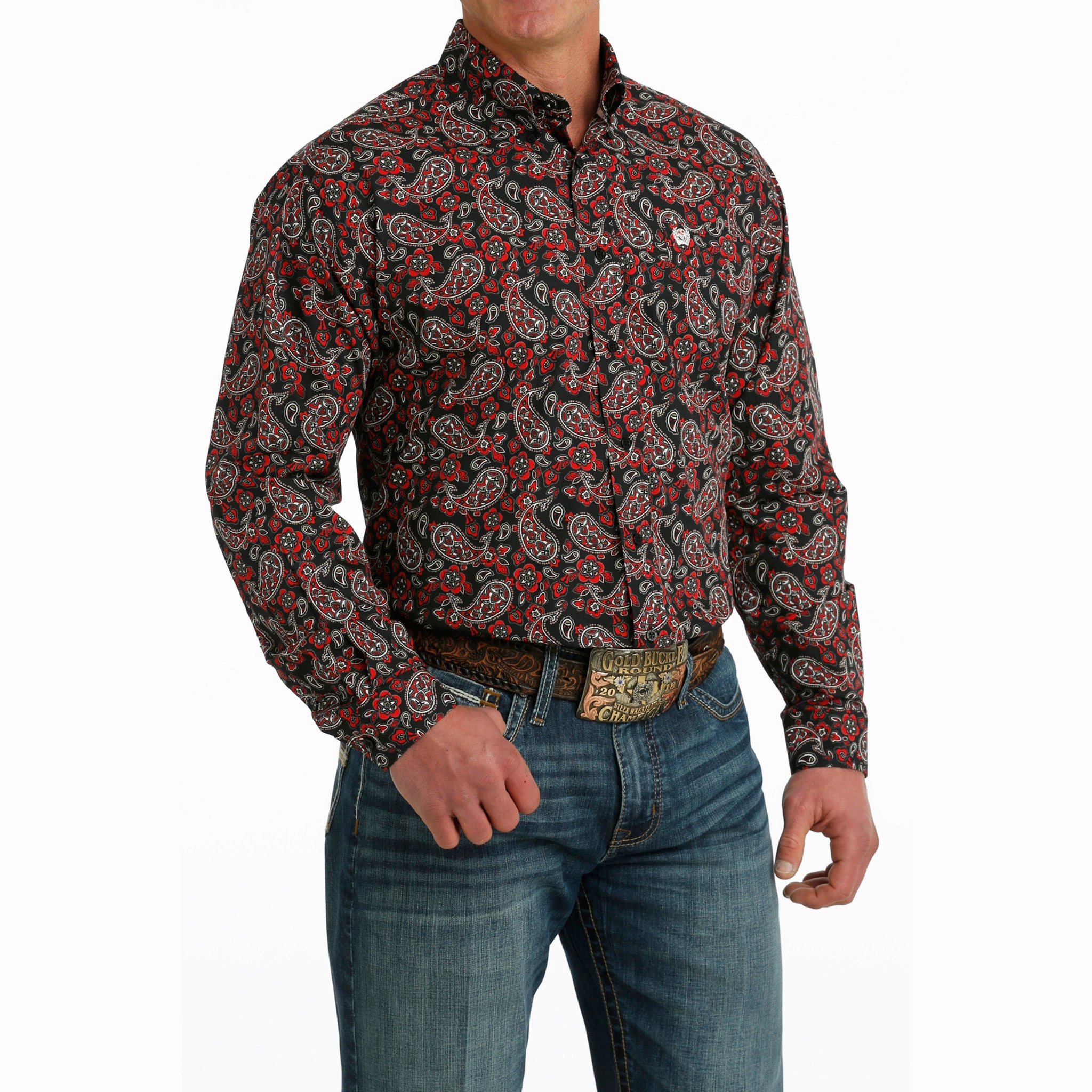 Fashion Statement Double Stitched Hems Cinch Men's Red & Black Paisley Long Sleeve