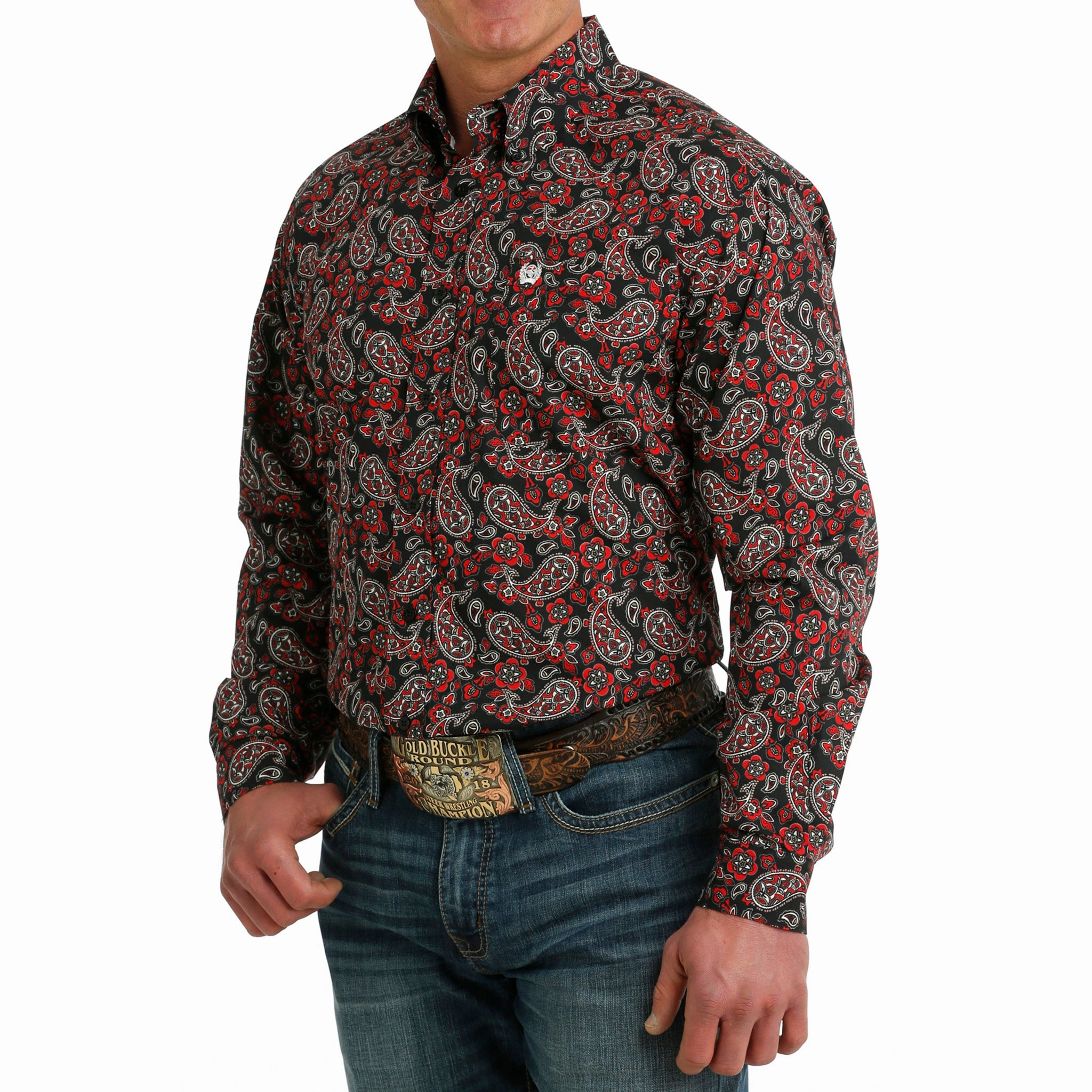 Cinch Men's Red & Black Paisley Long Sleeve Odorless Binding Tape Ventilated Back Panel