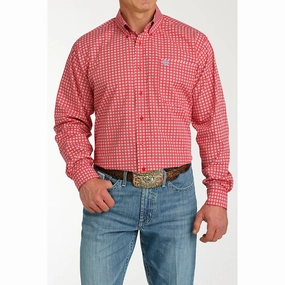 Cinch Men's Red Geo Print Long Sleeve Reinforced Collar Lightweight Wear
