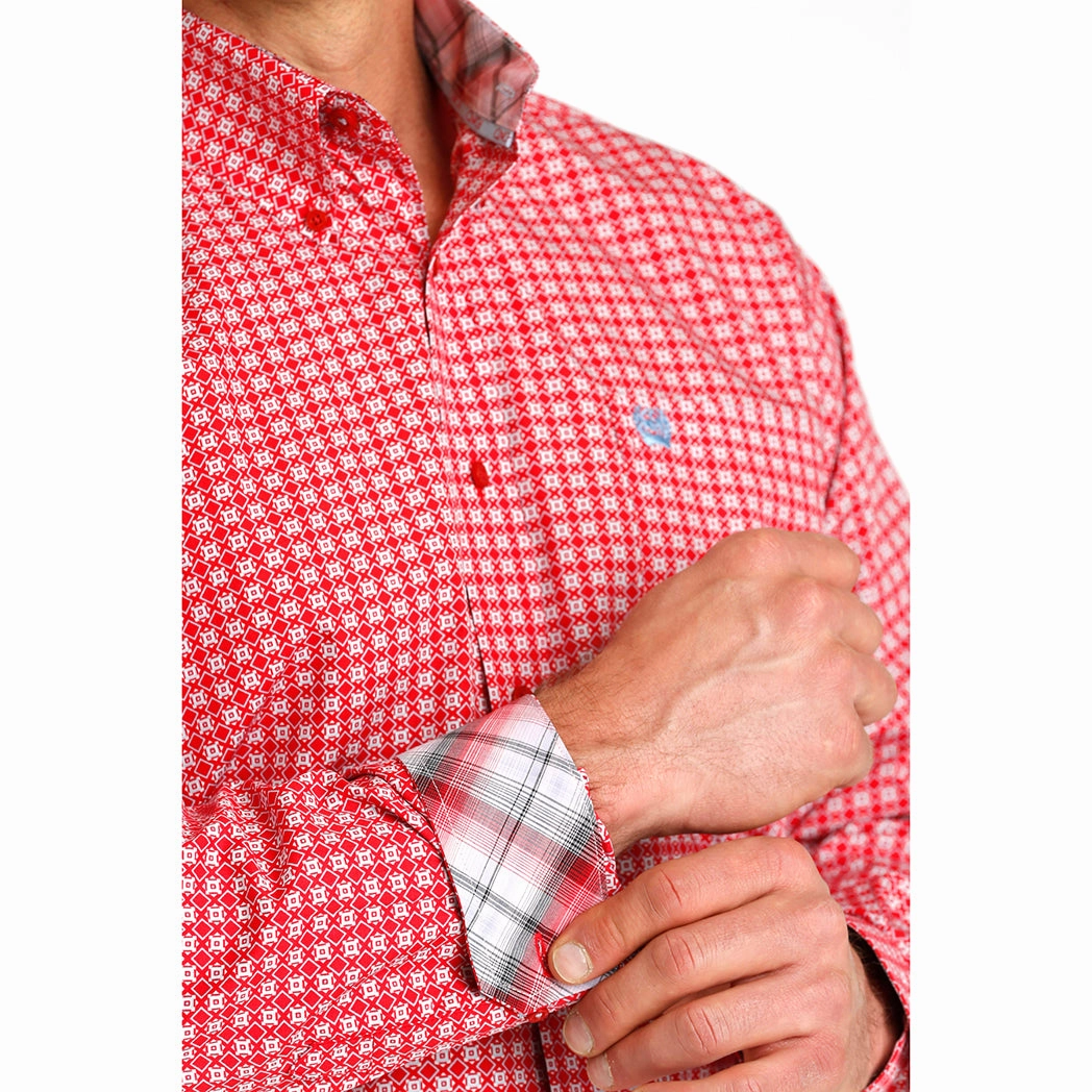 Cinch Men's Red Geo Print Long Sleeve Stretchable Fabric Seasonal Collection