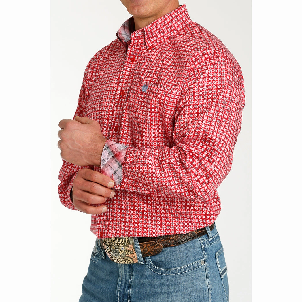 Cinch Men's Red Geo Print Long Sleeve Relaxed Look