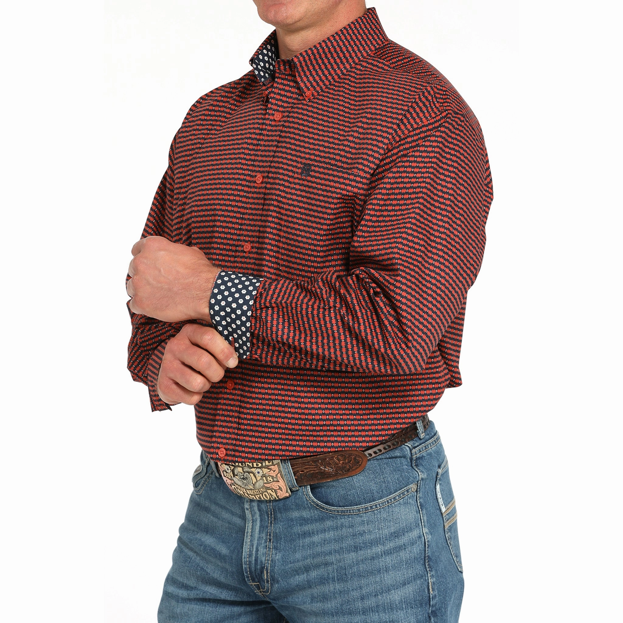 Cinch Men's Red Geo Print Long Sleeve Shirt Lakeside Relaxation Weekend Wear