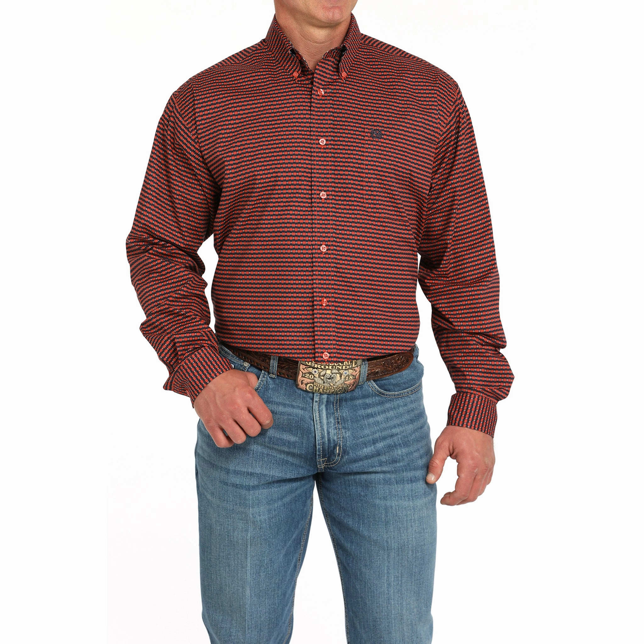 Sporty Design Cinch Men's Red Geo Print Long Sleeve Shirt