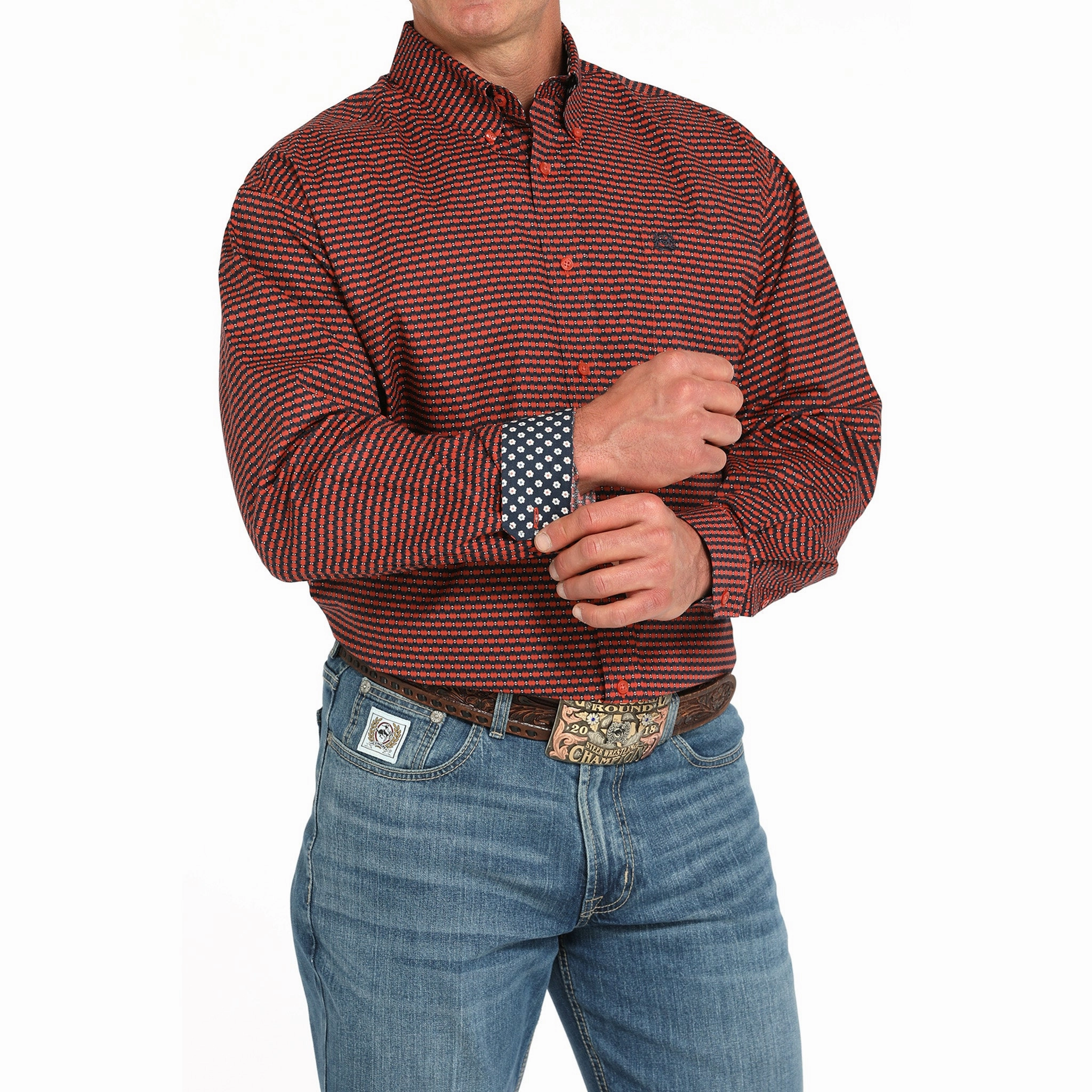 vacation wear Cinch Men's Red Geo Print Long Sleeve Shirt